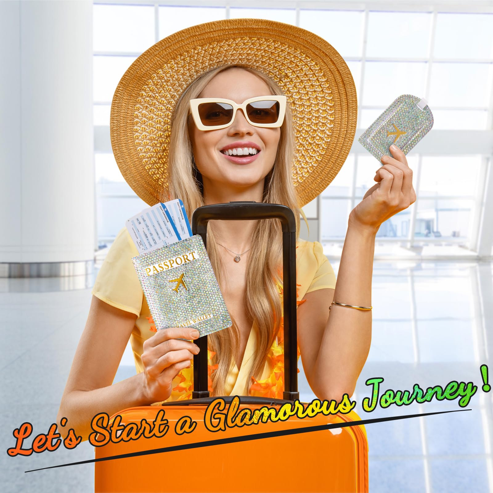 SlowVibes Porta passaporto con strass e set di etichette per bagagli, etichette per bagagli per valigie, copertura per passaporto glitterata, portafoglio per passaporto fatto a mano per donne, ragazze