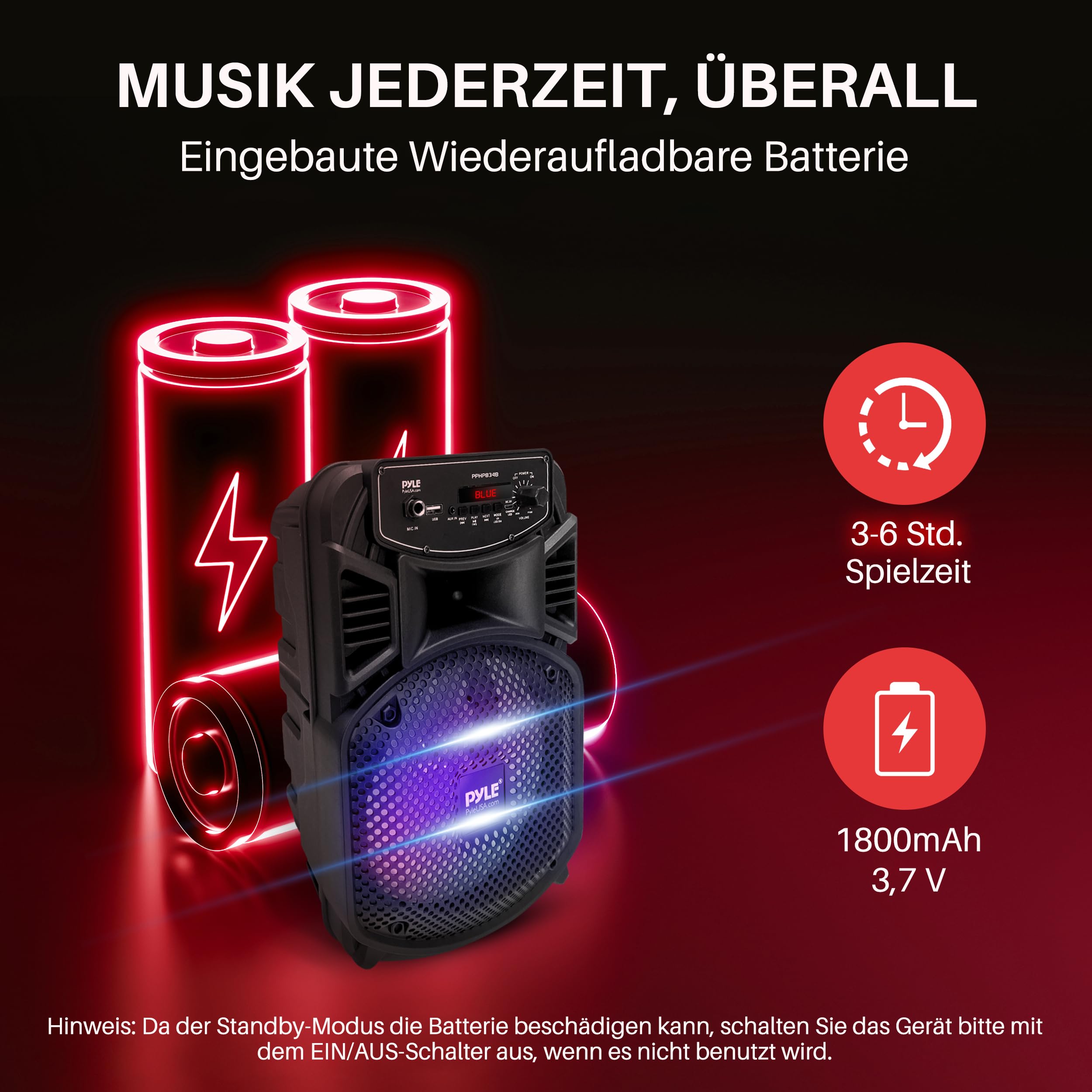 Pyle PA Bluetooth Lautsprecher Partybox mit 8" Subwoofer, 1" Tweeter, 300W, Fernbedienung, MP3/USB, Radio