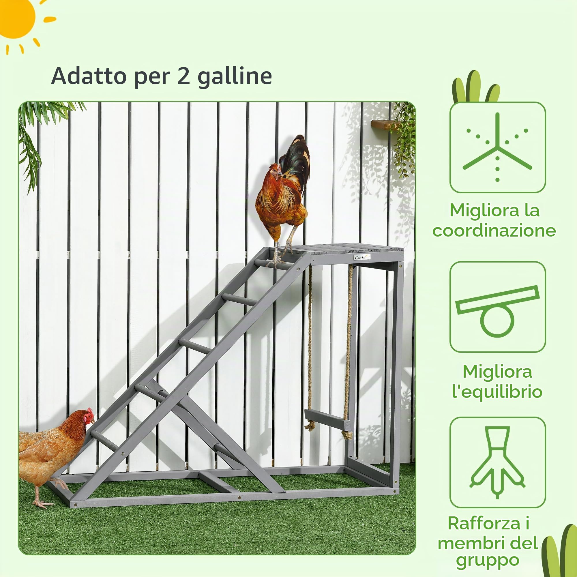 PawHut Posatoio in legno per galline, area giochi in legno per galline con altalena, scala, piattaforma, zona naturale per, 96 x 40 x 71 cm, grigio