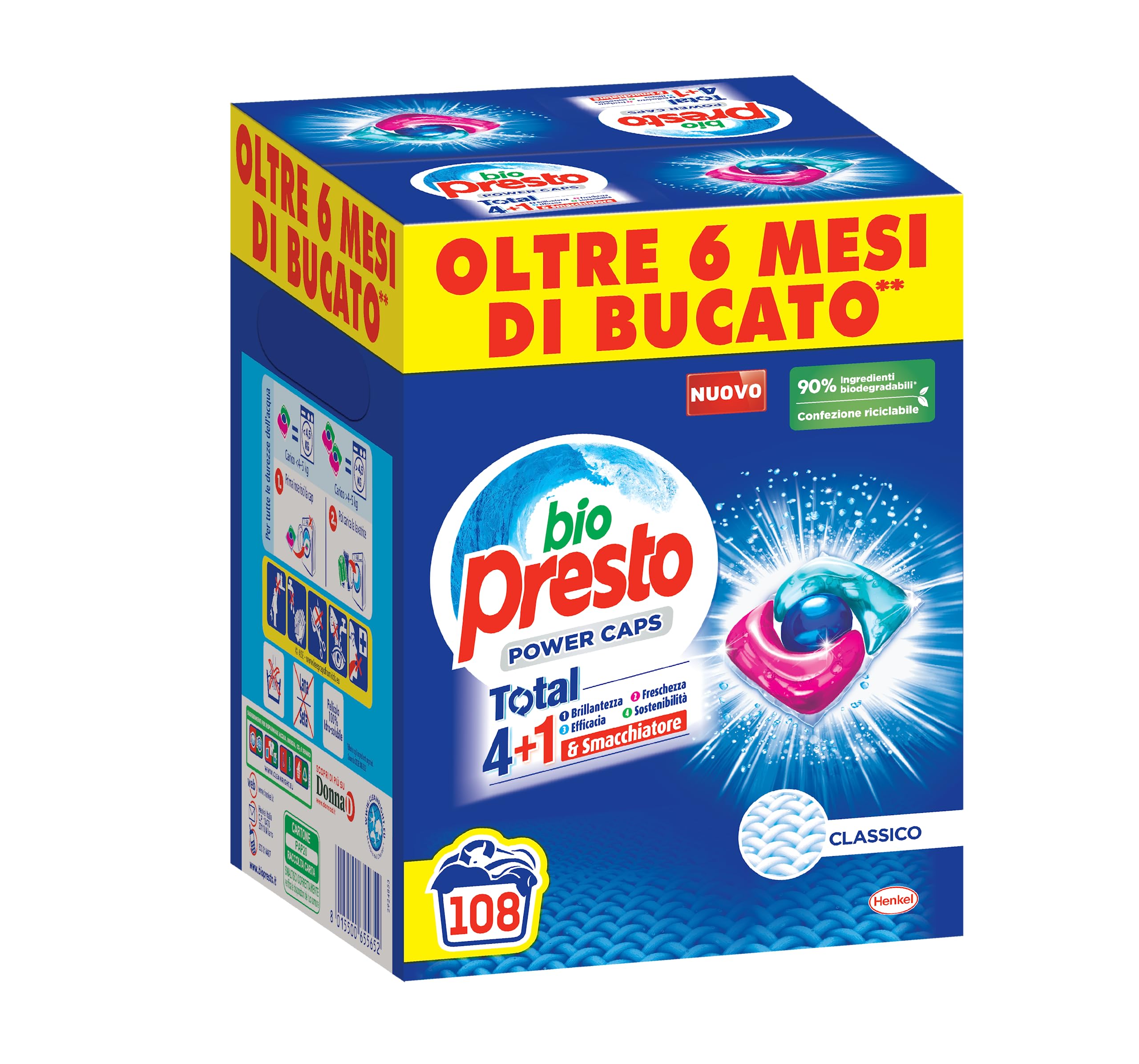 Bio Presto Power Caps Classico, Detersivo Lavatrice Predosato in Capsule, Confezione da 108 Lavaggi