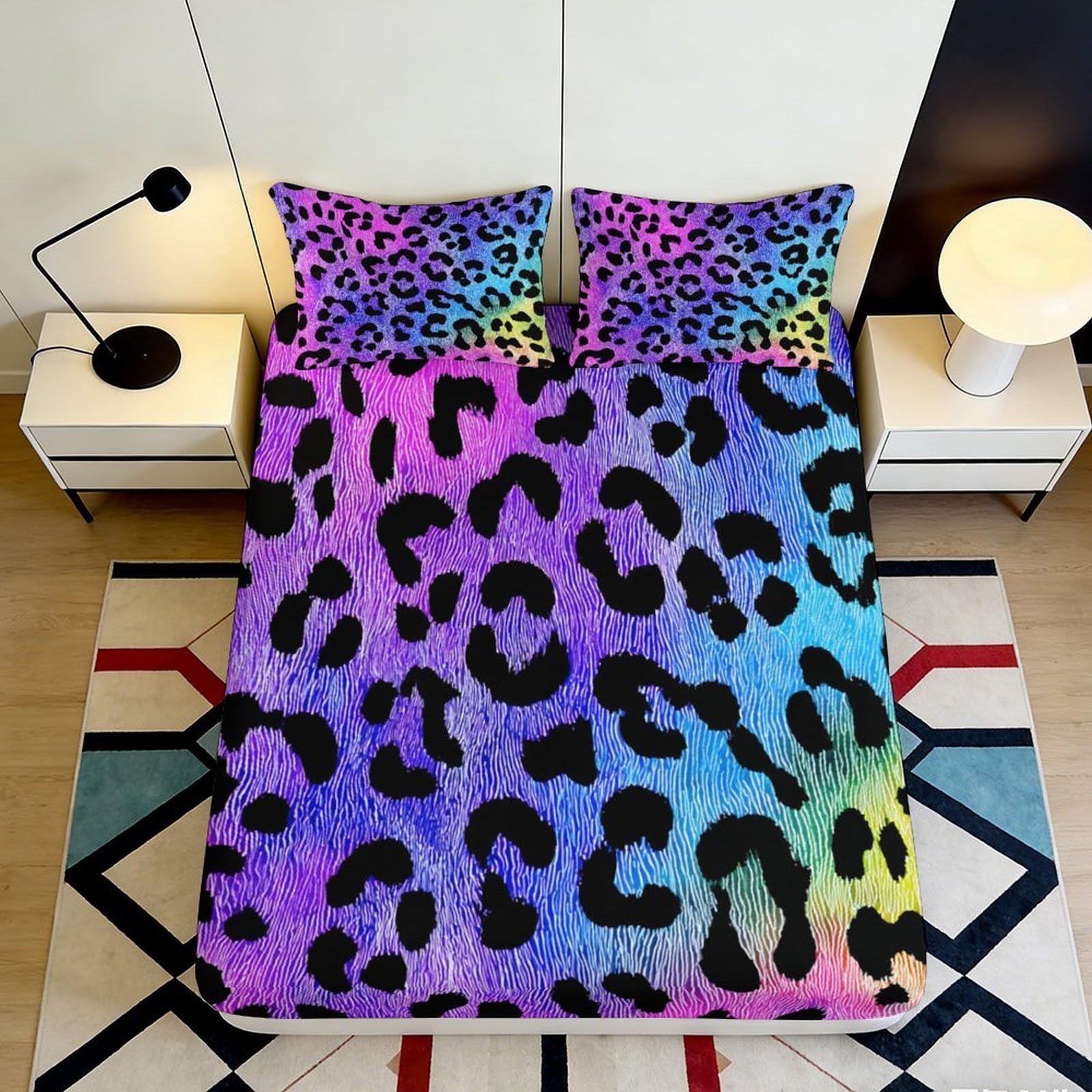 3D Printed Rainbow Leopard Fitted Sheet Microfiber Soft Slip-Resistant Mattress Cover for Bedroom Guestroom Decor 90x200x25cm
