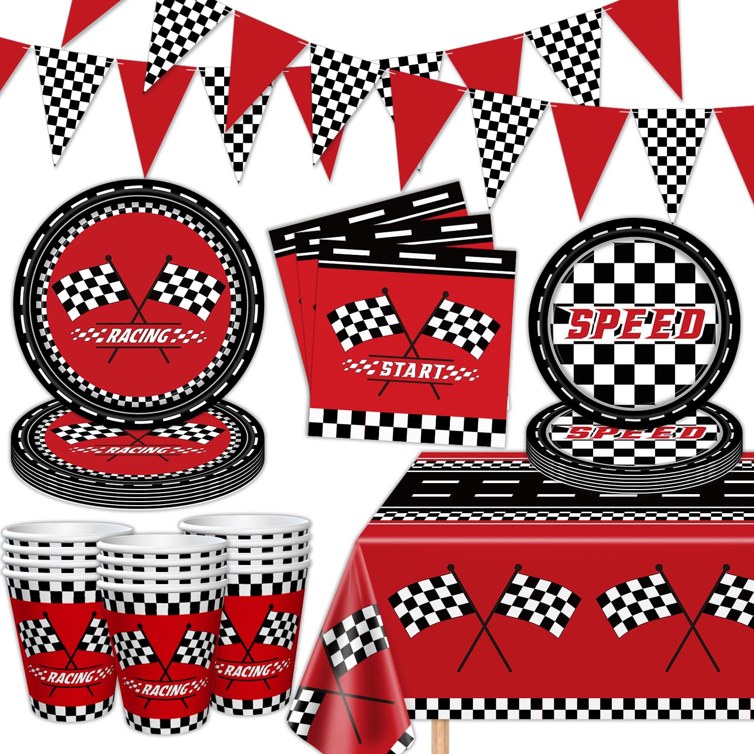 83Pcs Racing Car Theme Party Supplies Set Race Car Party Set Race Car Birthday Decorations Checkered Racer Birthday Dinnerware Start Engines Racing Themed Tableware Set Serves 20