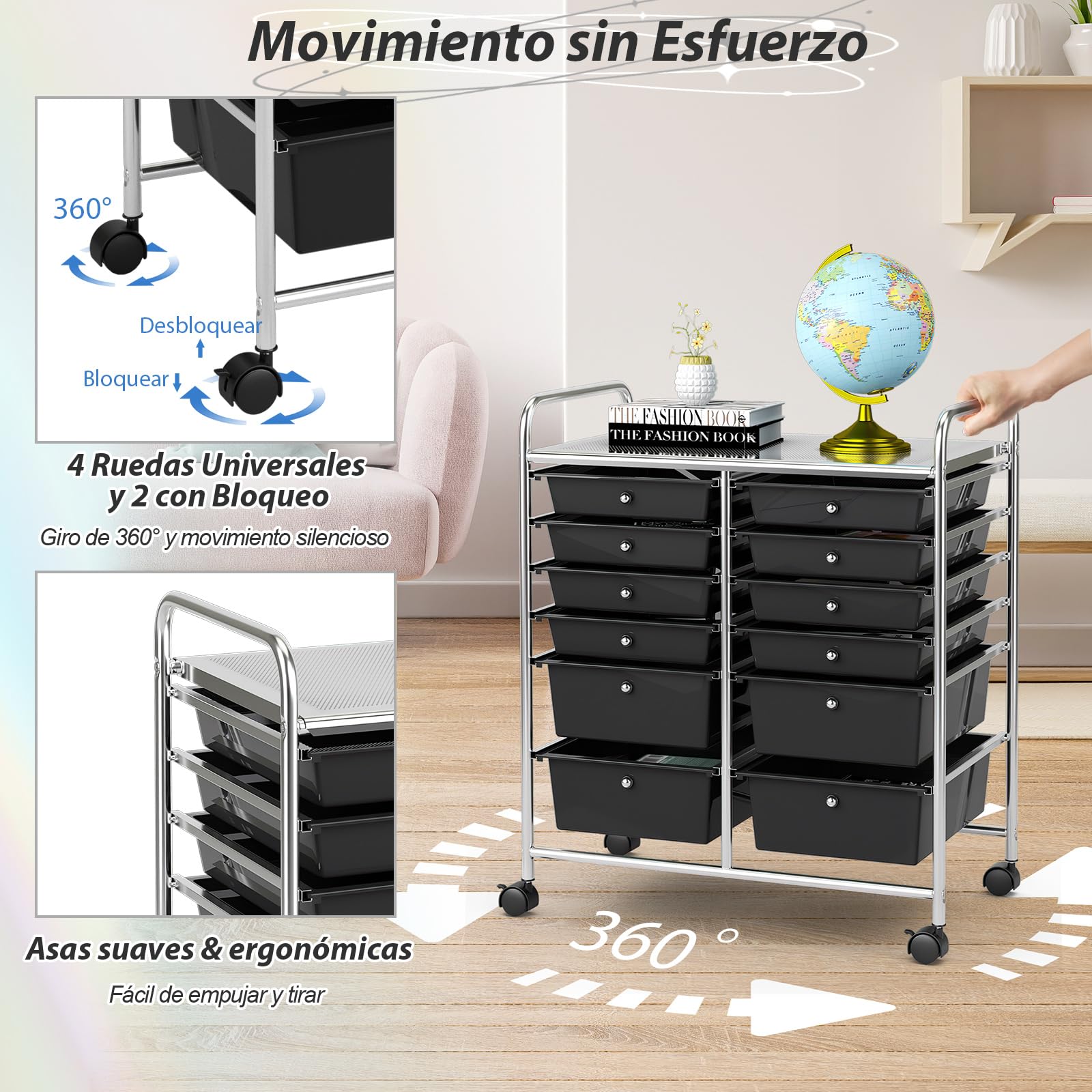 COSTWAY Carrito Auxiliar con Ruedas, Mueble Auxiliar Cocina con 12 Cajones Apilables, Carrito Organizador de Estructura Metálica para Cocina Oficina, Baño (Negro)