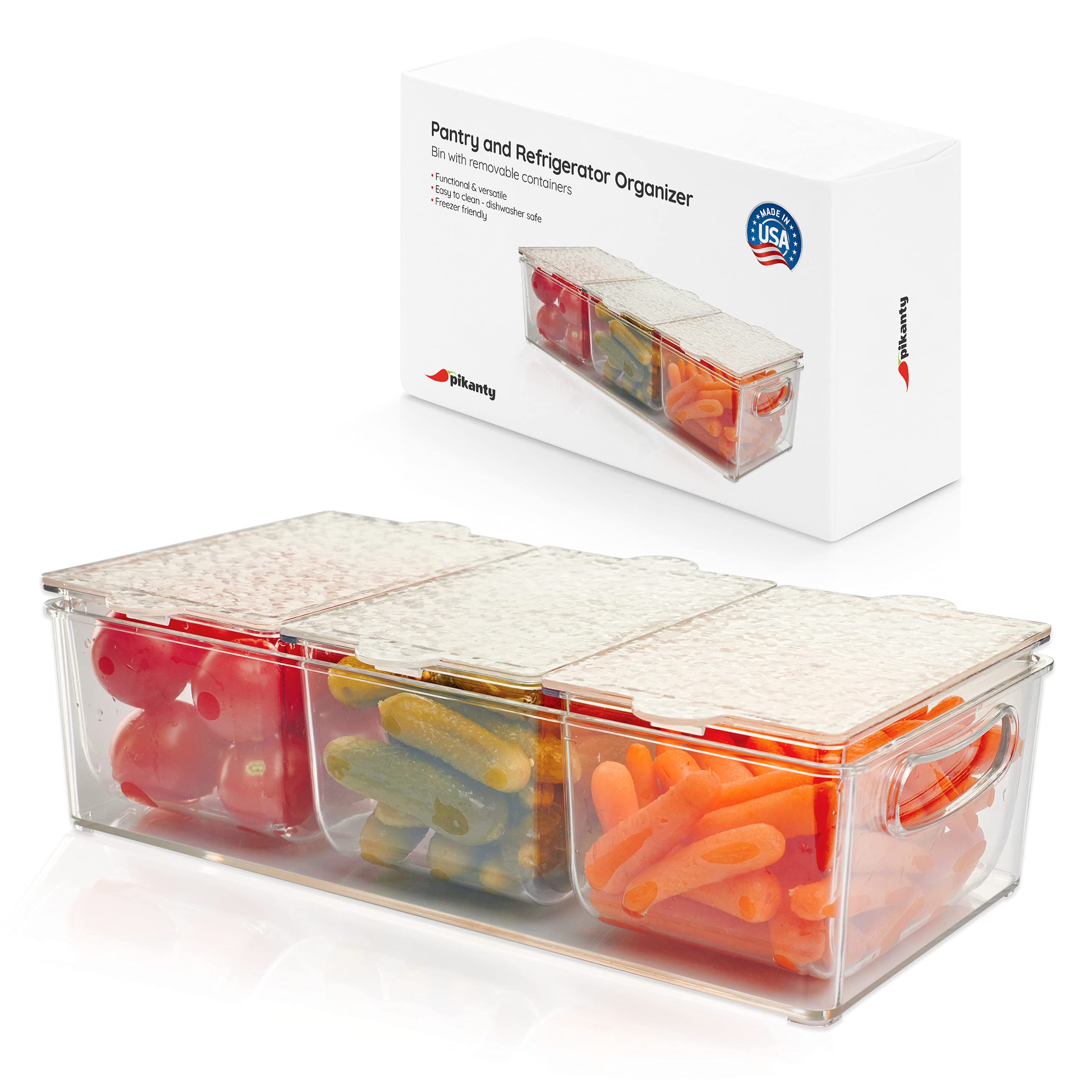 PikantyCondiment Server with 3 Removable Containers and Lids - Ideal for Parties, BBQs, and Picnics, Dishwasher Safe, and Made in the USA