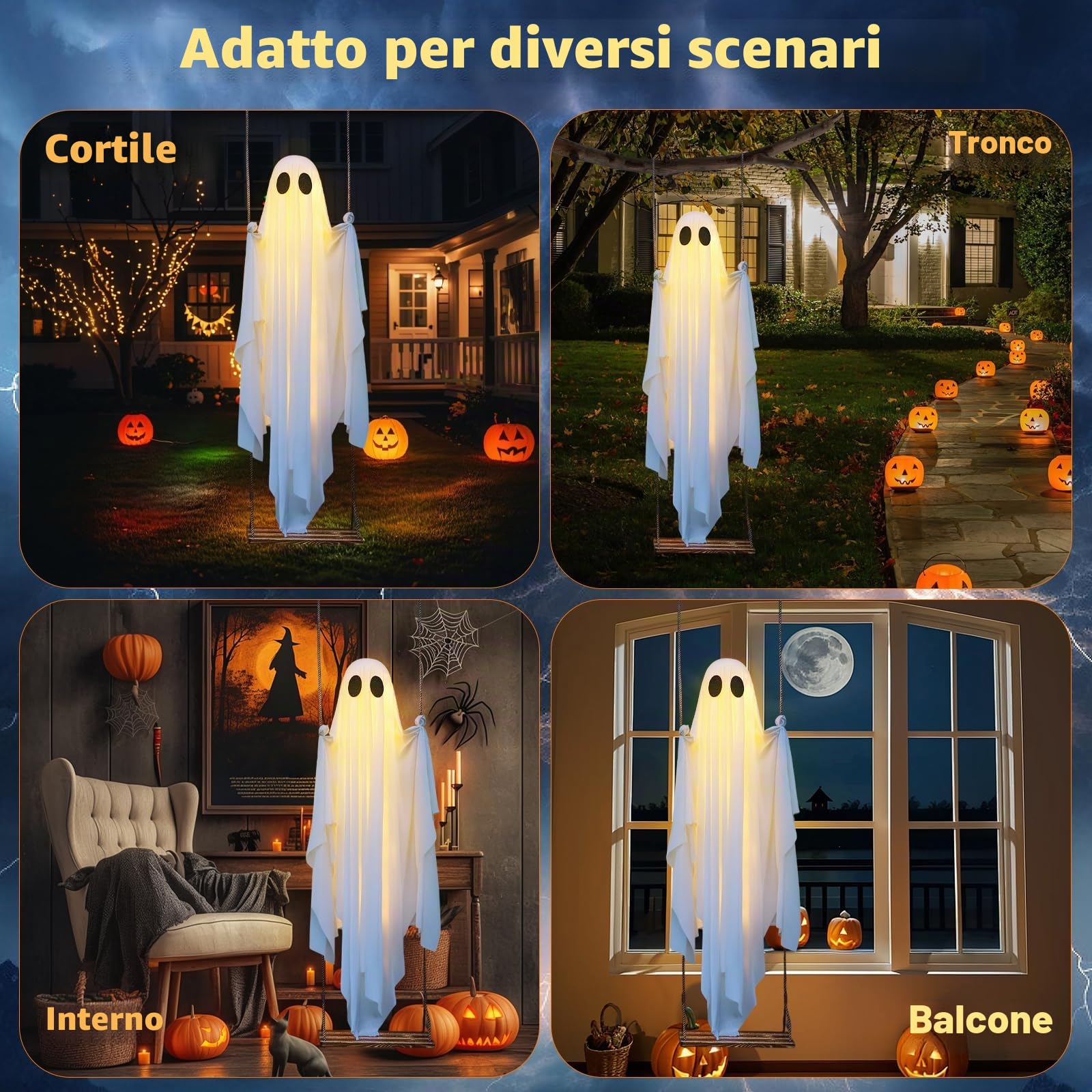 Decorazioni da appendere a forma di fantasma oscillante per Halloween, kit di decorazioni per albero spettrale con luci a corda, decorazione spaventosa per feste per esterni, giardino, cortile, prato