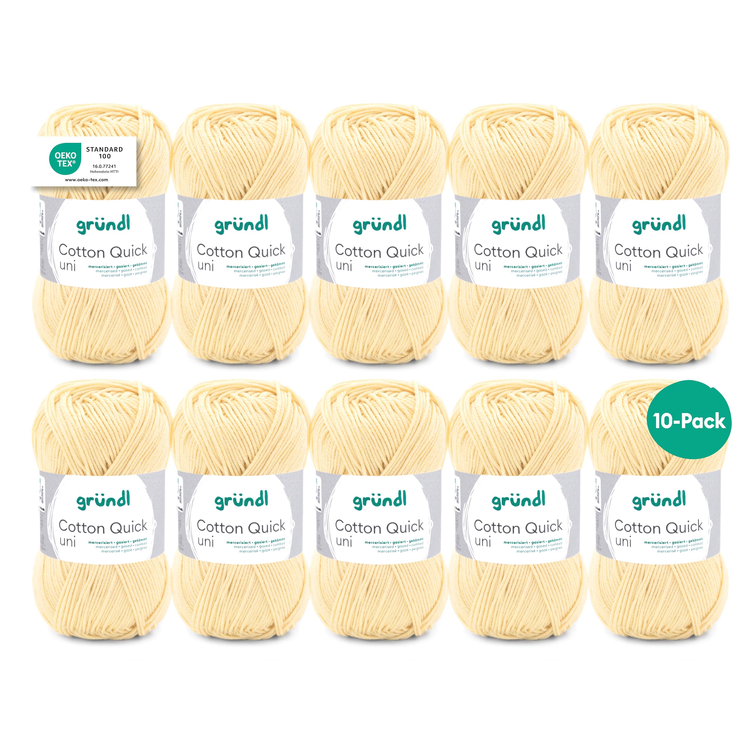 Gründl Wolle Cotton Quick uni - dünne Wolle zum Häkeln - Strickgarn - Häkelgarn - Glänzend und hautfreundlich - 100% Baumwolle - 10 Knäuel 50 g / 125 m - Nadelstärke 3-4 - pastellgelb