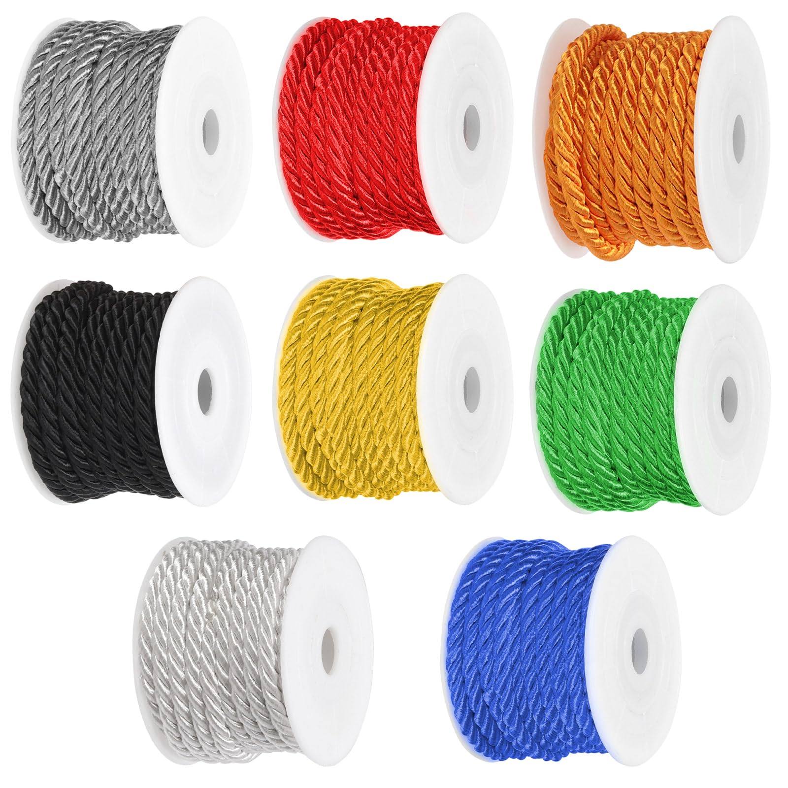 Swpeet 8Pcs 5 Sizes 5mm 5 Yards Twisted Cord 3-Ply Polyester Twisted Decorative Cord Shiny Viscose Cording Thread for Sewing & Crafting Home Decor Curtain Tieback, Craft Gift Bag, Graduation Cord