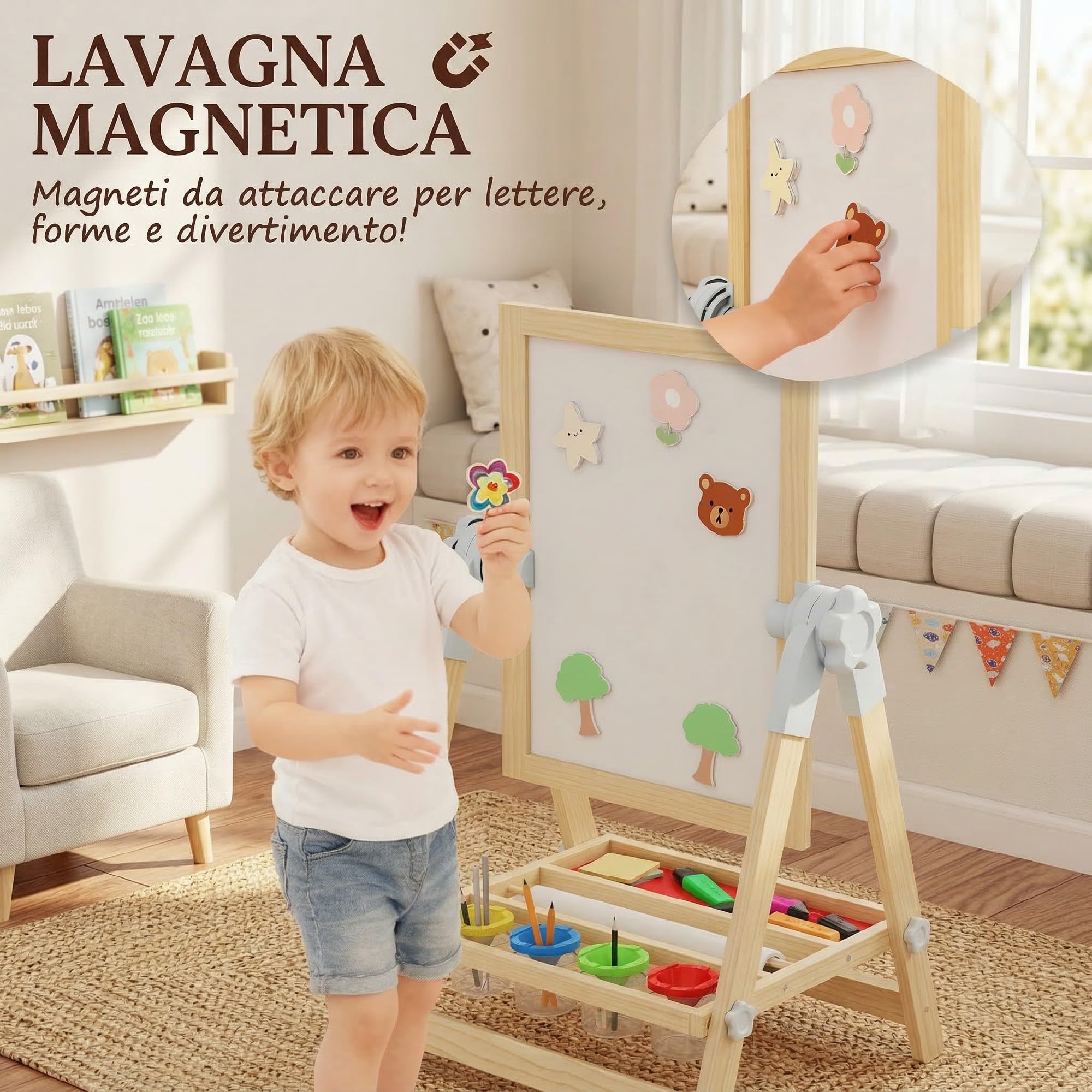 AIYAPLAY Cavalletto da Disegno per Bambini con Lavagna Doppia per Gesso e Pennarelli, Lavagnetta Magnetica, Vassoio Portamatite, Rotolo Carta Incluso, Legno Naturale