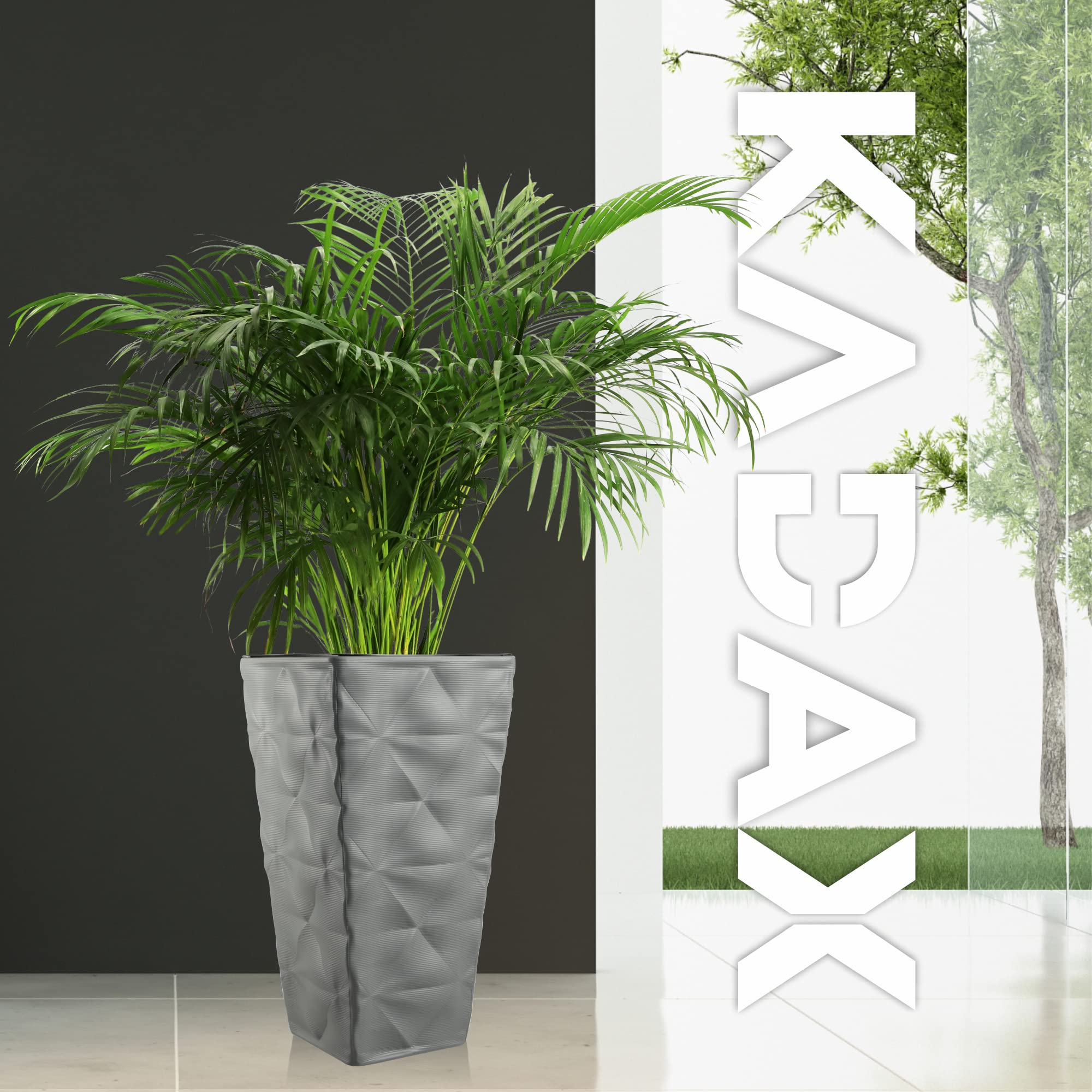 KADAX Pot de fleurs avec effet 3D, bac à fleurs en plastique en 4 couleurs, bac à plantes avec insert et poignées pratiques, pot en plastique, pot pour plantes d'extérieur (gris hauteur : 55,5 cm)