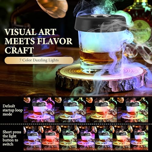 Miniatura 3 de Kit de ahumador eléctrico de whisky con 7 modos de luz, ahumador de cóctel recargable con 10 chips de madera natural, cubitos de hielo y molde de