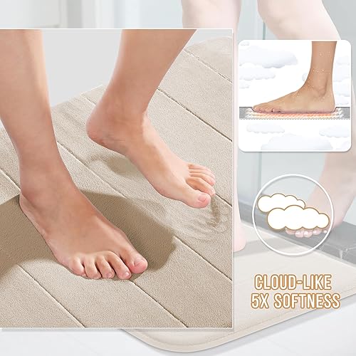 Yimobra Memory Foam Bathroom Rugs Sets 2 Piece - Super Soft Absorbent Quick Dry Bath Mat Set, Machine Washable Non Slip Floor Carpet for Tub Shower & Single Sink (17x24 & 31.5x20 Inch, Gray)(Beige,24x17+24x20 Inch)