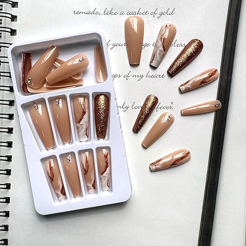 Miniatura 3 de Uñas postizas a presión marrones, uñas postizas largas con diseño de ataúd, diseño de mármol marrón con diamantes de imitación marrones, uñas