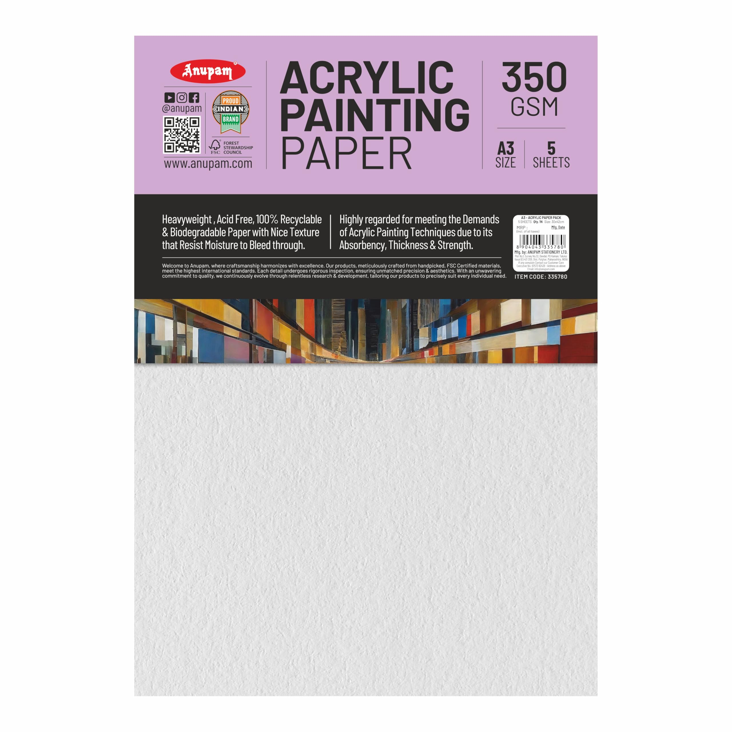 Anupam Acrylic Paper - A3 Size - 400 GSM - pH Neutral Acid Free Paper for Artists - 5 Sheet-image-6