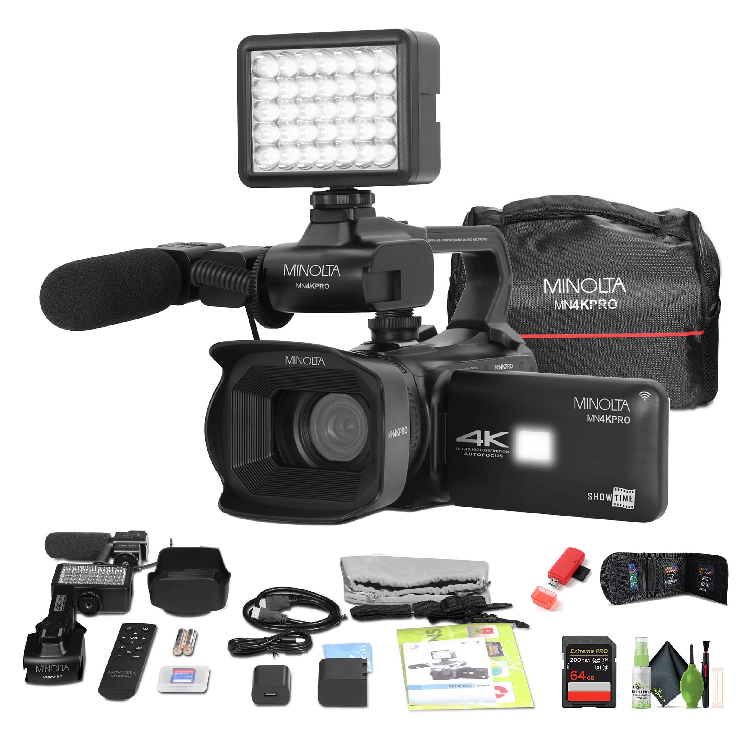 Minolta MN4KPRO 4K60FPS UHD 64 MP Autofocus Pro Camcorder Kit w/WiFi Bundle with 64GB Memory Card + Cleaning kit + Memory Card Wallet + USB Card Reader, SD/microSD
