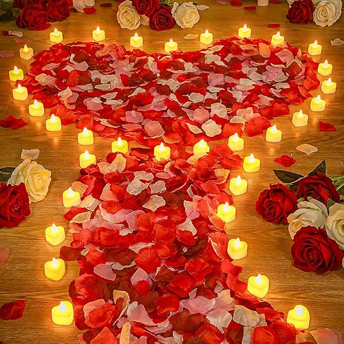 4000 pétalos de rosa artificiales con 24 velas LED de té, velas LED sin llama, pétalos de rosa falsos para la noche de bodas de San Valentín (luz