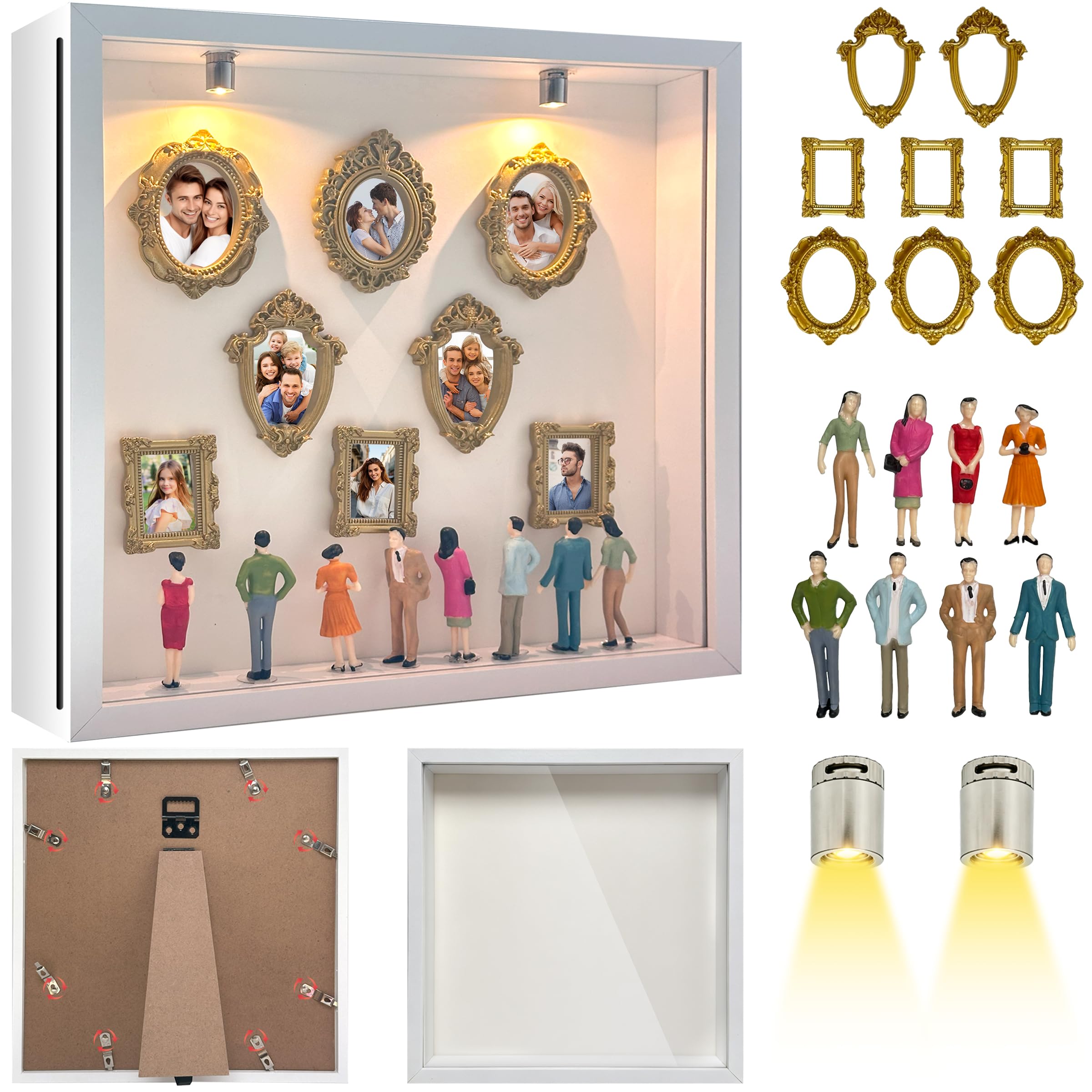 DONGTATA DIY Mini Museum Silhouette Box Shadow Box Frame Kit with Vintage Mini Frames Figurines LED Lights Museum of Us Photo Memory Display for Anniversary Wedding Home Decor Gift