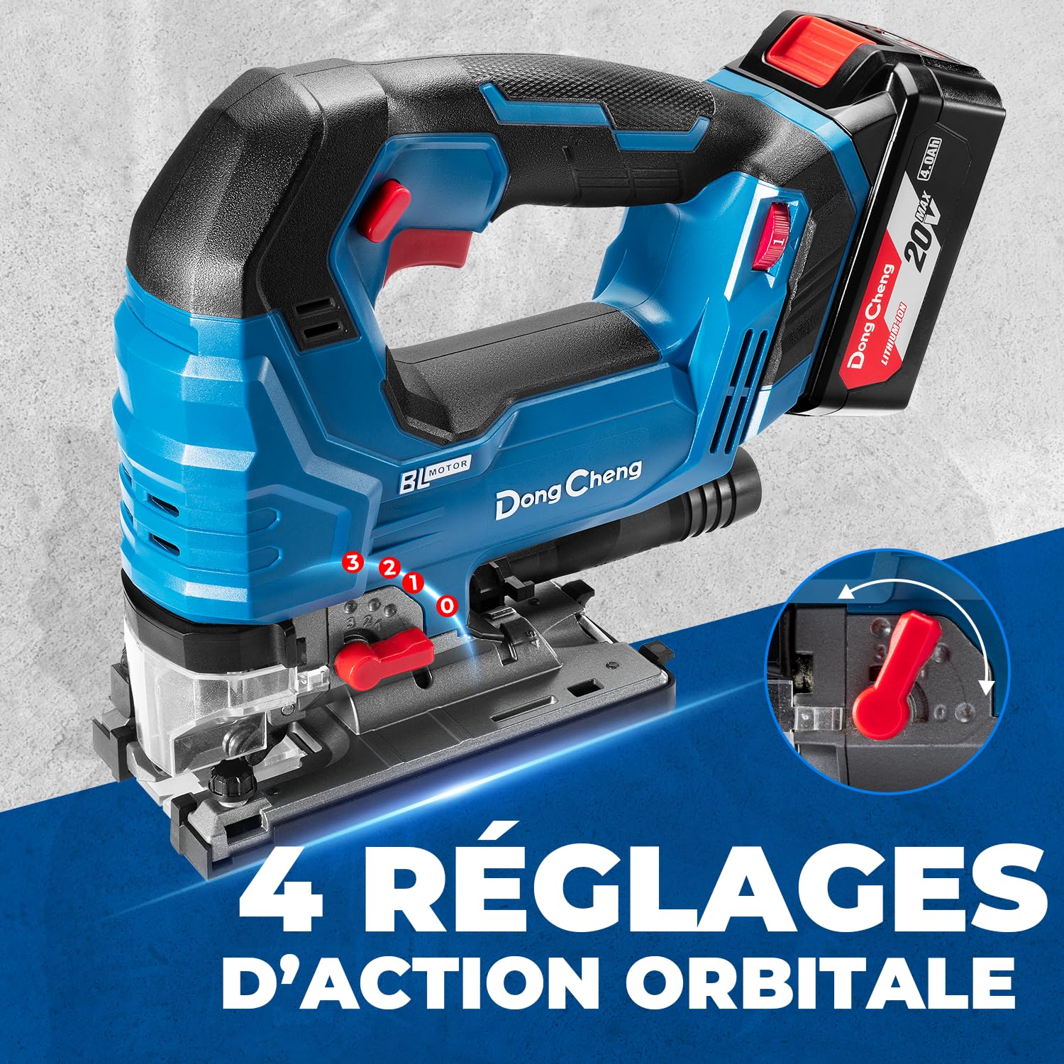 Dong Cheng Scie Sauteuse Sans Fil 18V Sans Balais, Scie Sabre Pendulaire course de 26 mm, 6 Vitesses, Coupe Biseau 0-45°, Double LED & Souffleur - Avec Batterie 4Ah, 6 Lames, Chargeur et Caisse Pro
