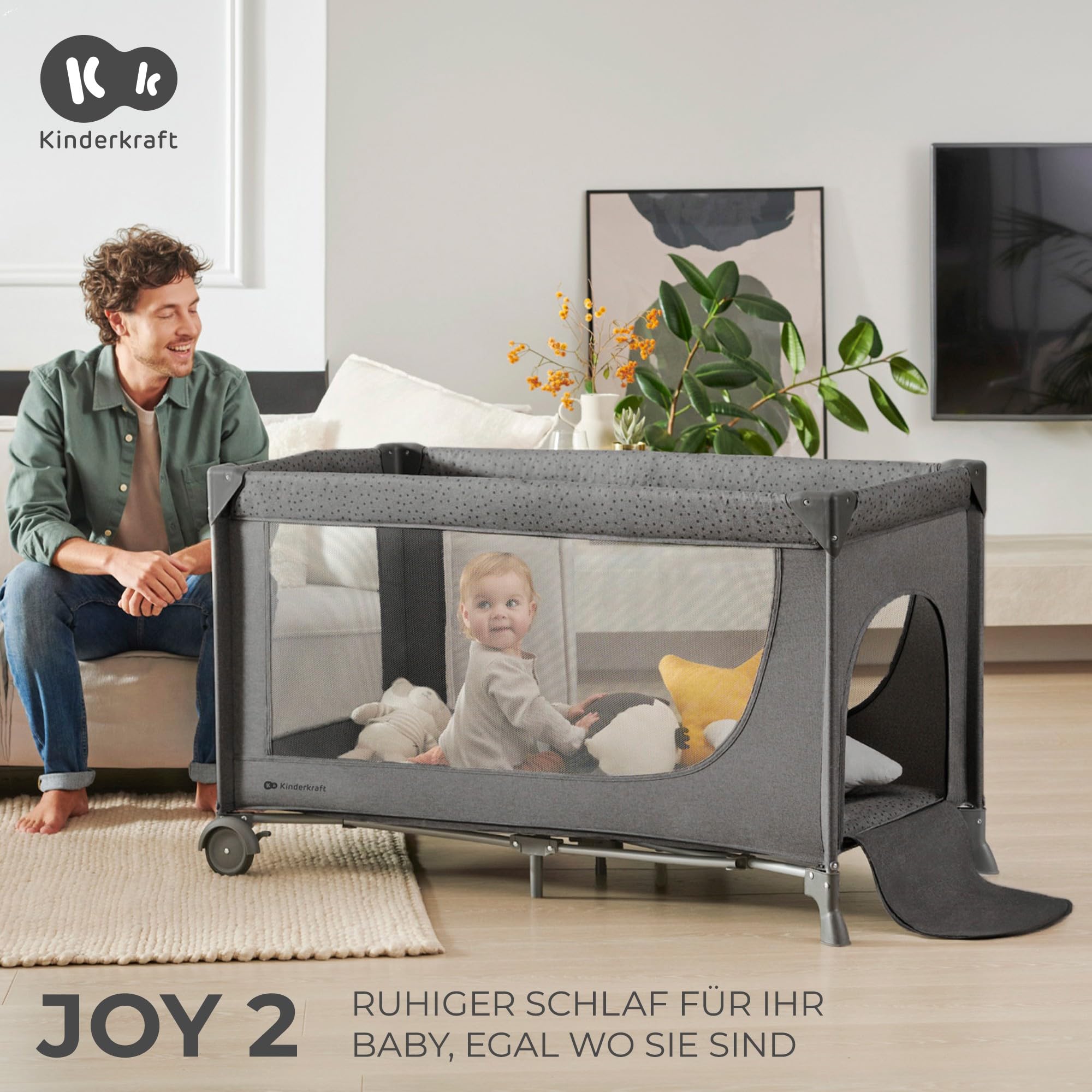 Kinderkraft Joy 2 Kinderbett, 2 in 1 Kinderreisebett, Babybetten, Kinderbett, Reisebett, Modernes Design, Kleine Abmessungen nach Zusammenklappe, Räder, Dunkelgrau