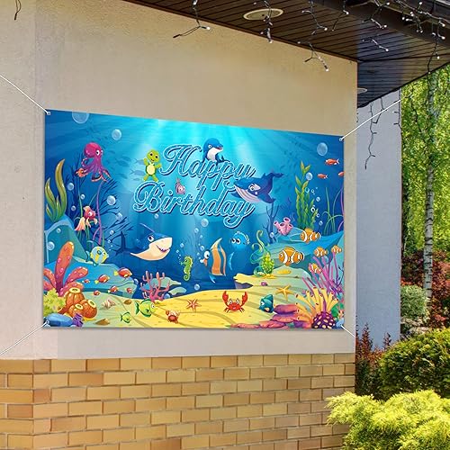 Miniatura 6 de Fondo de fondo marino con temática de animales del océano, decoración de cumpleaños con temática de fondo para fotografía de cumpleaños para niños,
