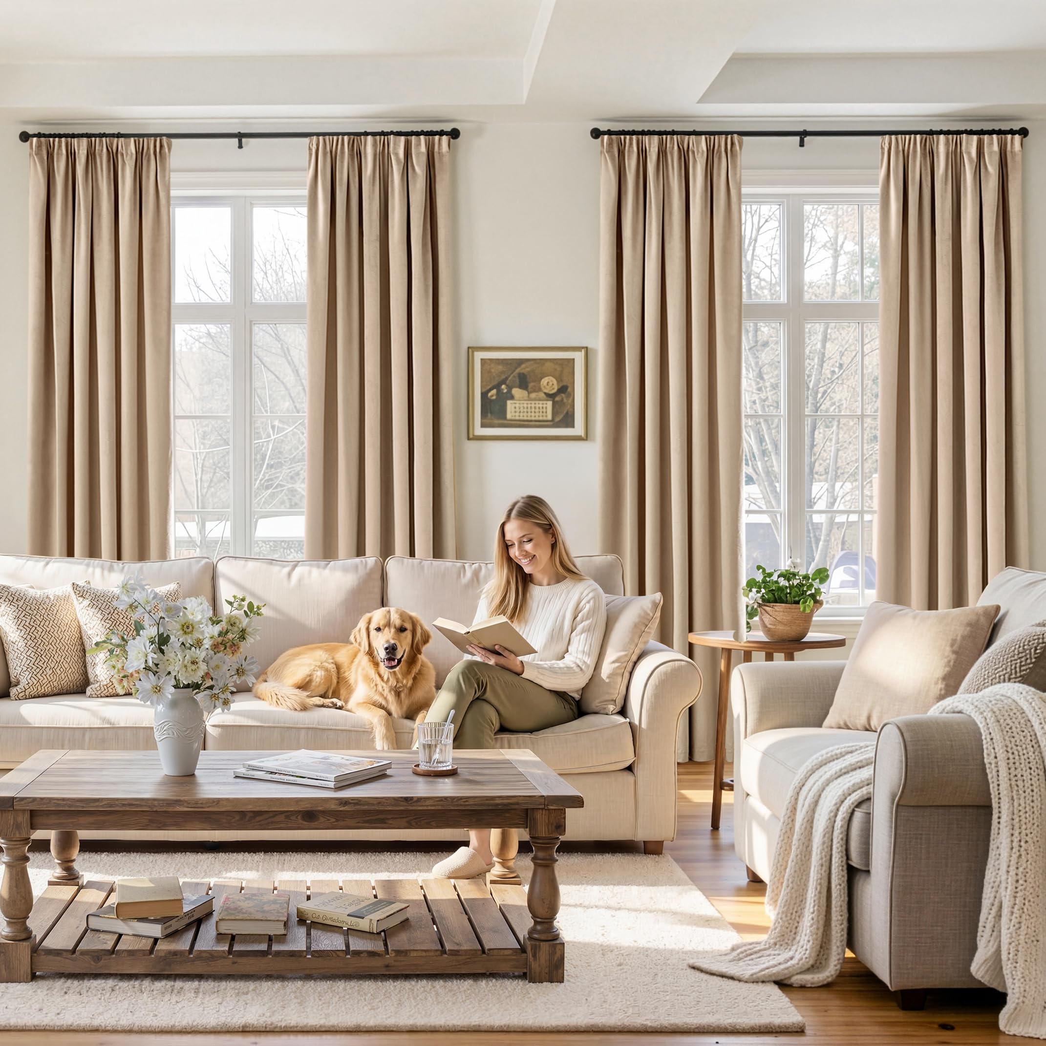 Woaboy Samtvorhang mit Kräuselband Blickdichte Vorhänge 140x245 cm Beige | 2er Set Samt Gardinen Deko Schöne Dicke und Schwere Wohnzimmer Schlafzimmer Verdunkelung Thermovorhang