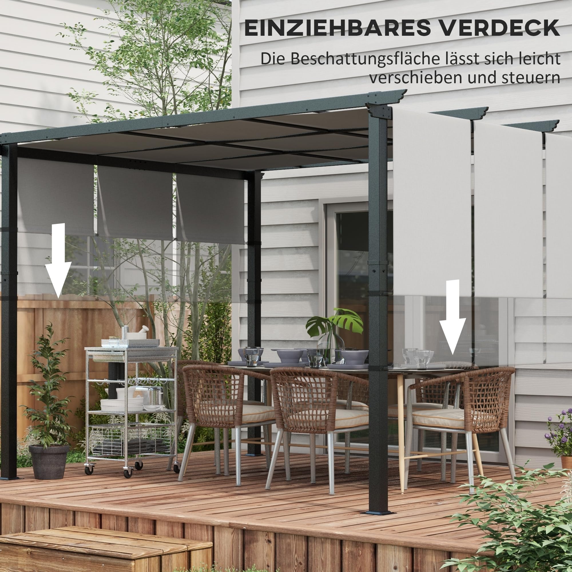 Outsunny Pergola ok. 3,5x3m Pawilon ogrodowy z regulowanym dachem, zadaszenie tarasowe, wolnostojący pawilon stalowy, ochrona przed słońcem na taras i do ogrodu, jasnoszary