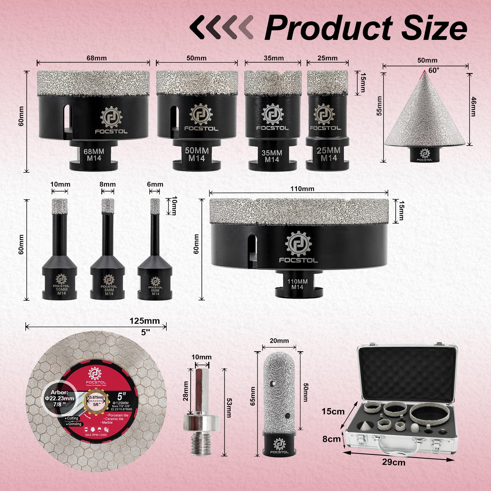 FOCSTOL Scie Cloche Carrelage Kit - Foret Diamant Carrelage Kit pour Porcelaine Marbre Granit 12 pièces (6/8/10/25/35/50/68/110mm+50mm Mèches Chanfrein+20mm Fraise+Adaptateur+125mm Disque)