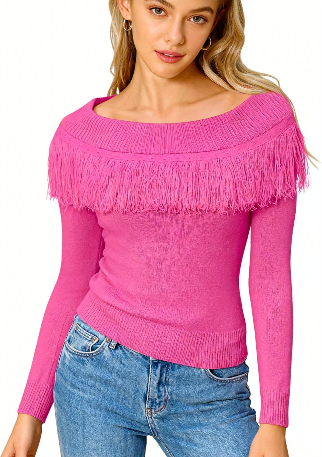 WLLW Women's Fringe Tops Juniors Boat Neck Sweater Long Sleeve Pullover Sweater Slim Fit Off Shoulder Sweaters - Image 2