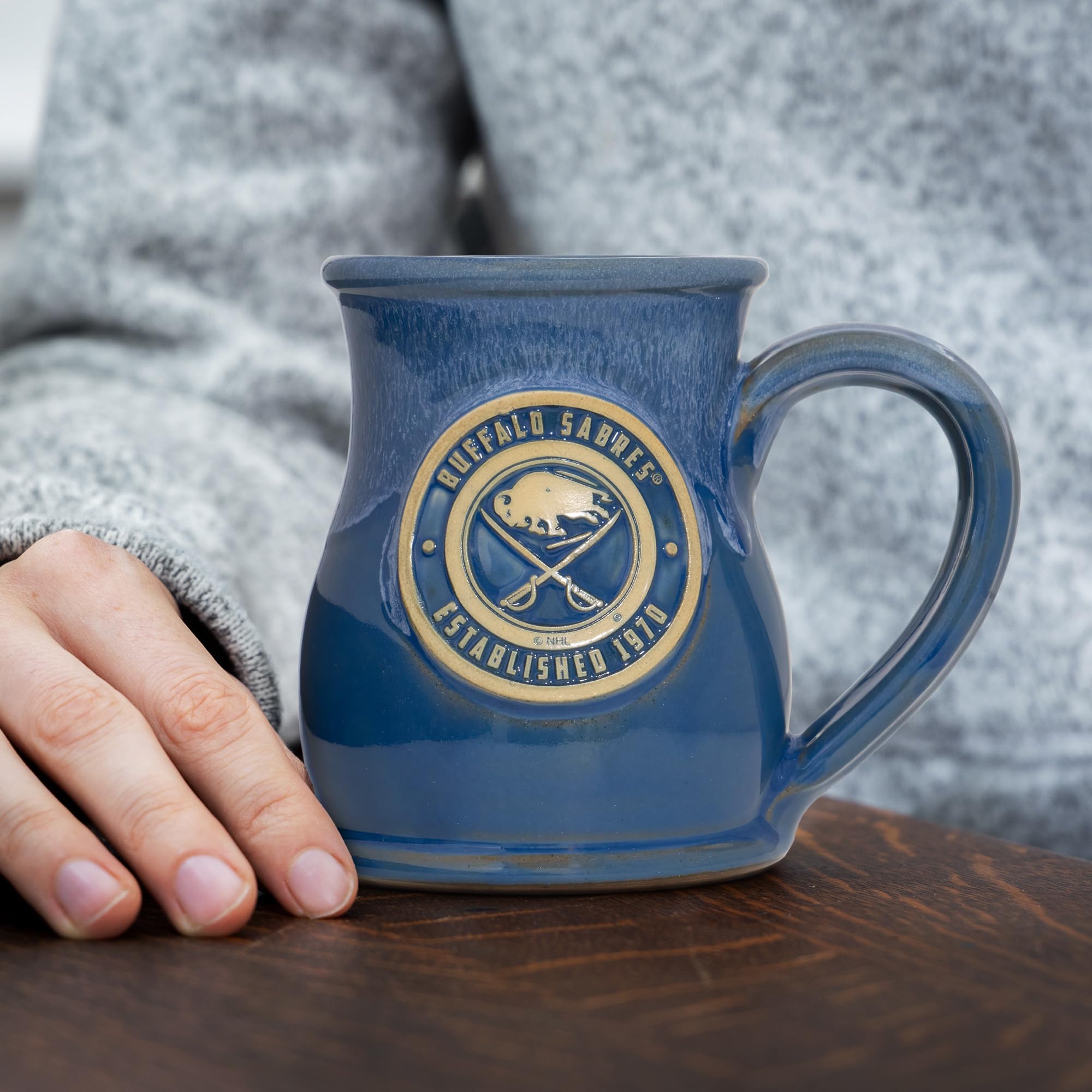Greater Distance NHL Hockey Buffalo Sabres 14oz Two-Tone Tall Belly Mug, Handmade Large Ceramic Coffee Mug With Team Logo for True Fans, Premium Deneen Pottery Made in USA