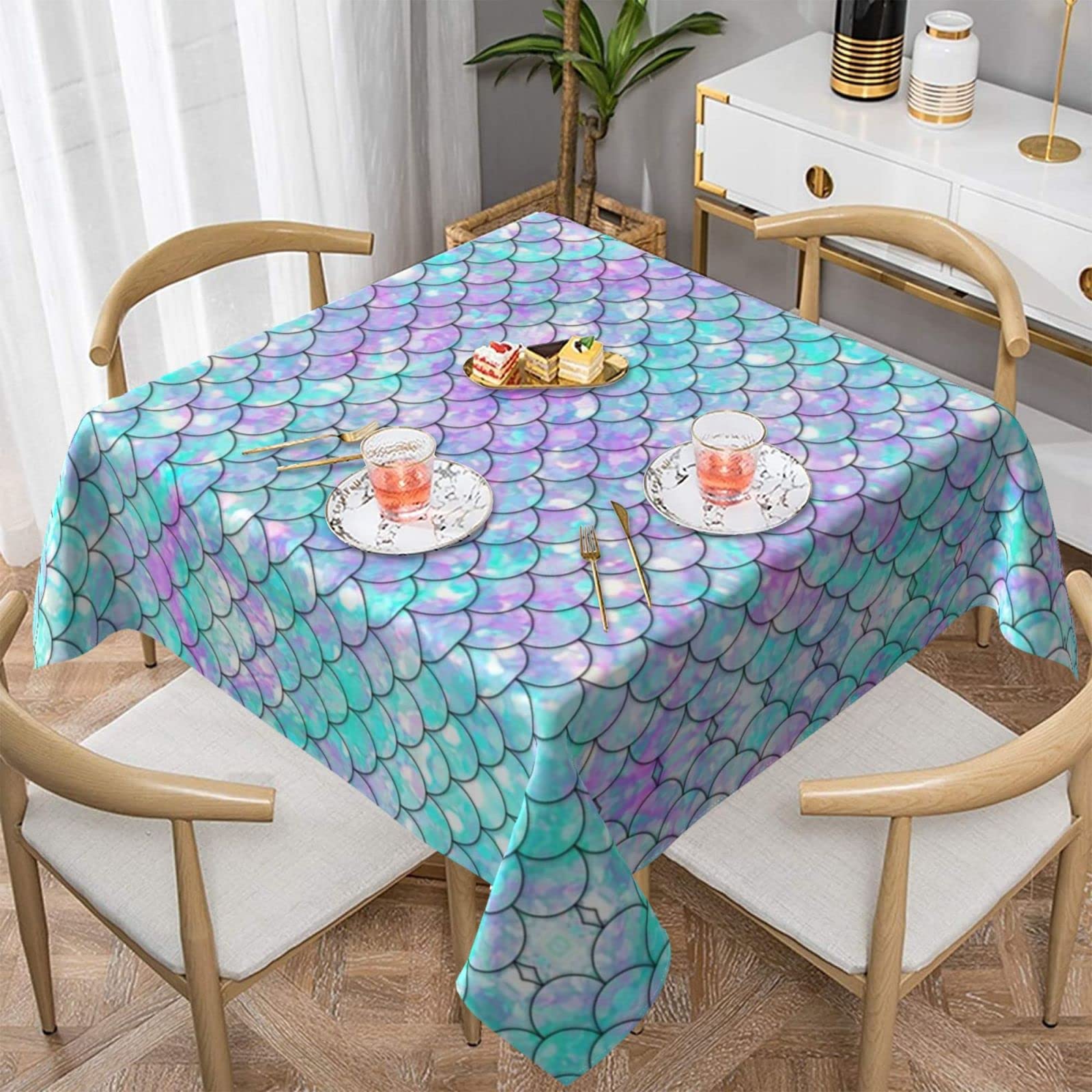 Lawenp Mermaid Square Wrinkle-Free Table Cloth Cover Table Decorative for Wedding Dinning Party Banquet Tabletop