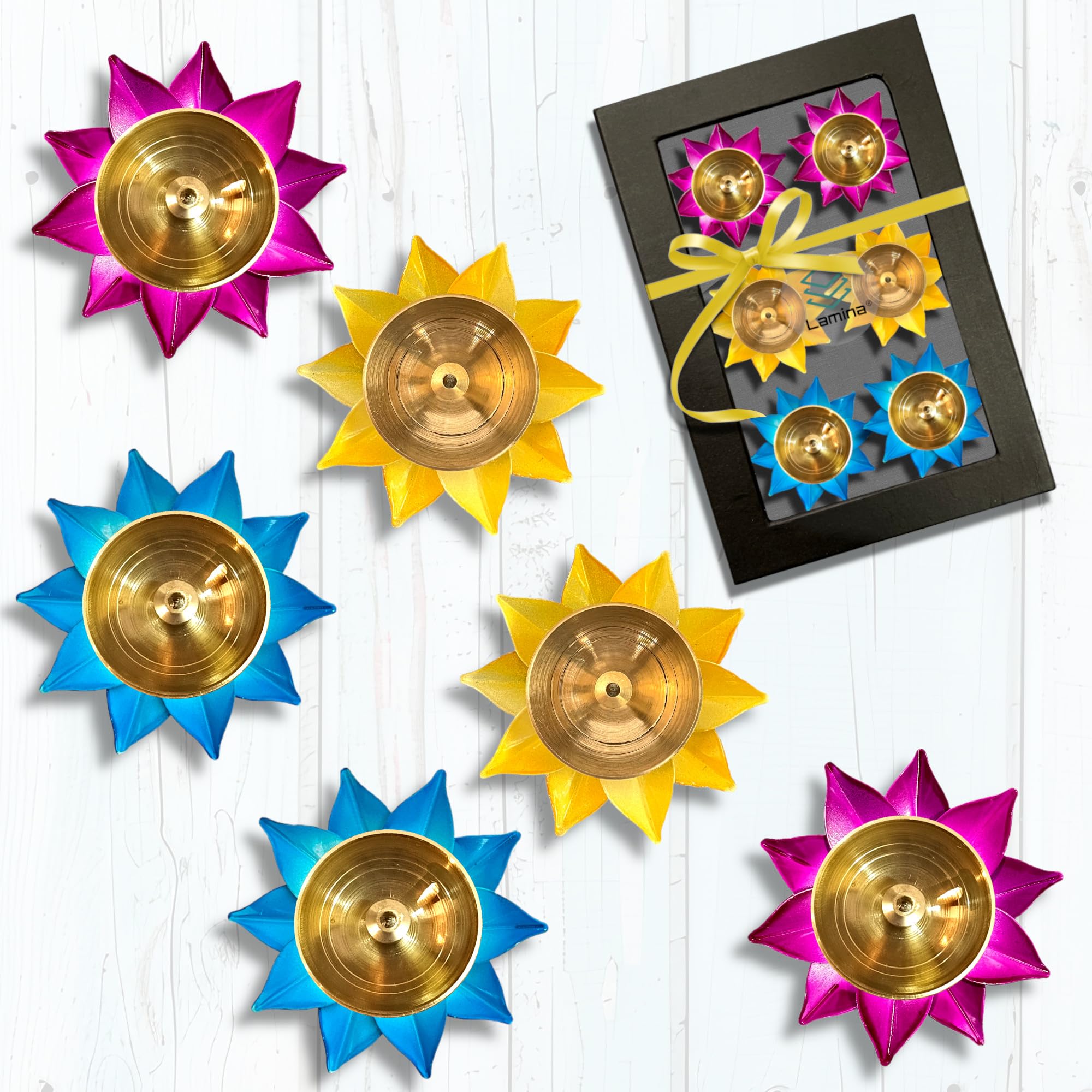Lamina Set of 1BOX Lotus Shaped Small Brass Diya for Puja (6Diyas 3inch Multicolor Petals) Center Wick Holder Pital Akhand Deep Vilakku for Home Décor, Worship, Housewarming, Marriage & Return Gift-image-3