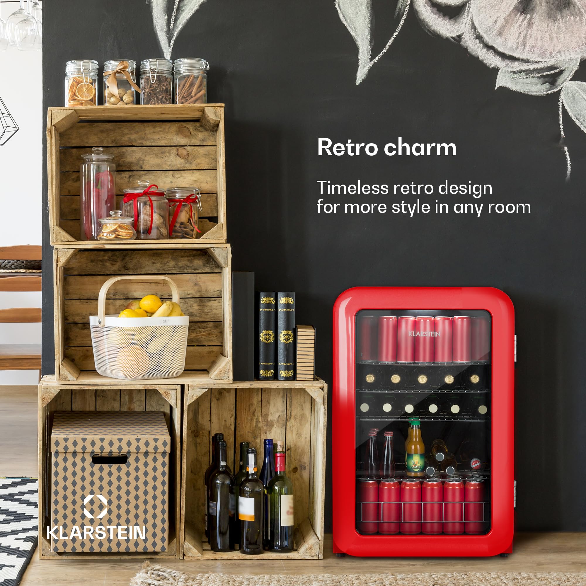 Klarstein PopLife Chłodziarka na napoje - Minibar, Lodówka retro, 0-10 °C, tylko 39 dB, 115 L, przyjazna dla środowiska, Drzwi z podwójną szybą, Design retro, czerwona