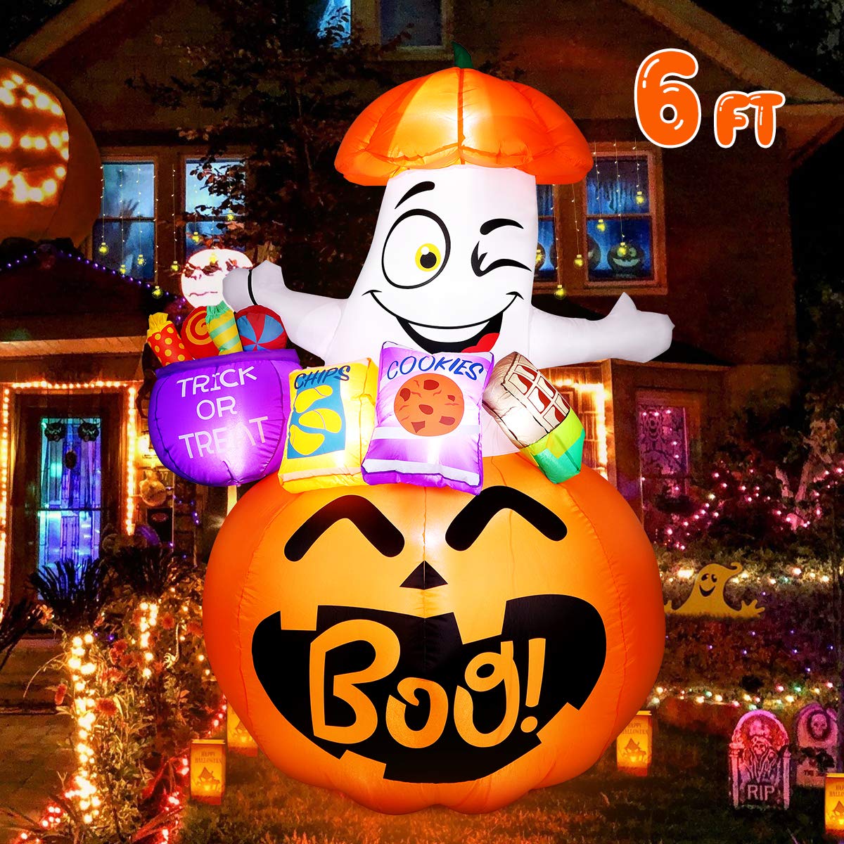 6FT Halloween Inflatable Pumpkin Ghost with Candy Bags and LED Lights - Halloween Pumpkin Blow Ups Inflatables for Outdoor Indoor Yard Lawn Halloween Decorations