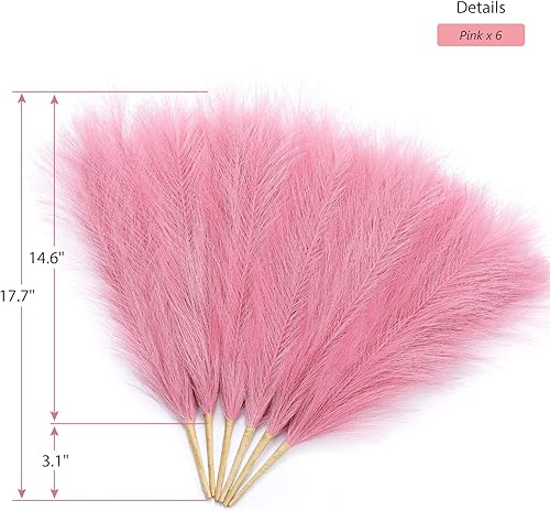 Miniatura 5 de Serwalin Hierba de las Pampas rosa de 17 pulgadas, 6 piezas, césped artificial de pampas, decoración de centros de mesa de pompas artificiales,