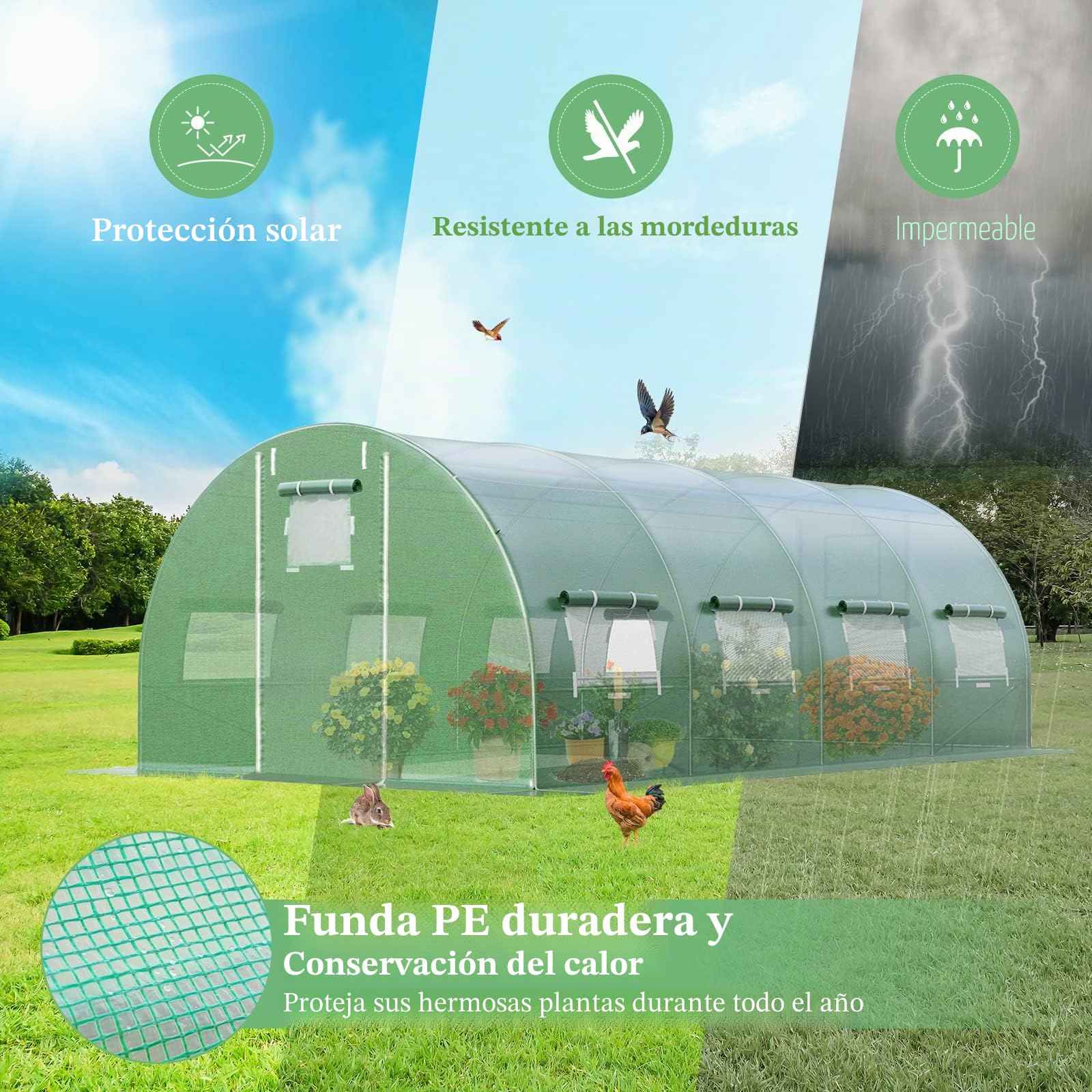 RELAX4LIFE Invernadero de jardín, 18 m², Invernadero túnel de jardín 6x3x2m con Marco de Acero galvanizado, 2 Puertas y 10 Ventanas enrollables, Funda de PE para Verduras, Frutas, Flores