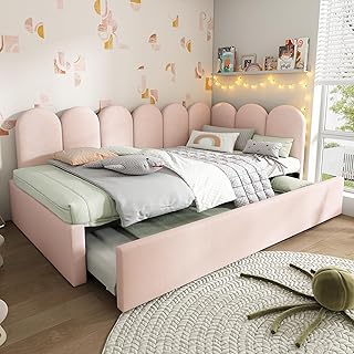 Merax 3ft Single Day Bed, Upholstered Sofabed Pull out Trundle Bed Frames, with Metal Slatted Frame, for Adults and Children, Velvet Fabric(No Mattress), Pink/90CM*190CM