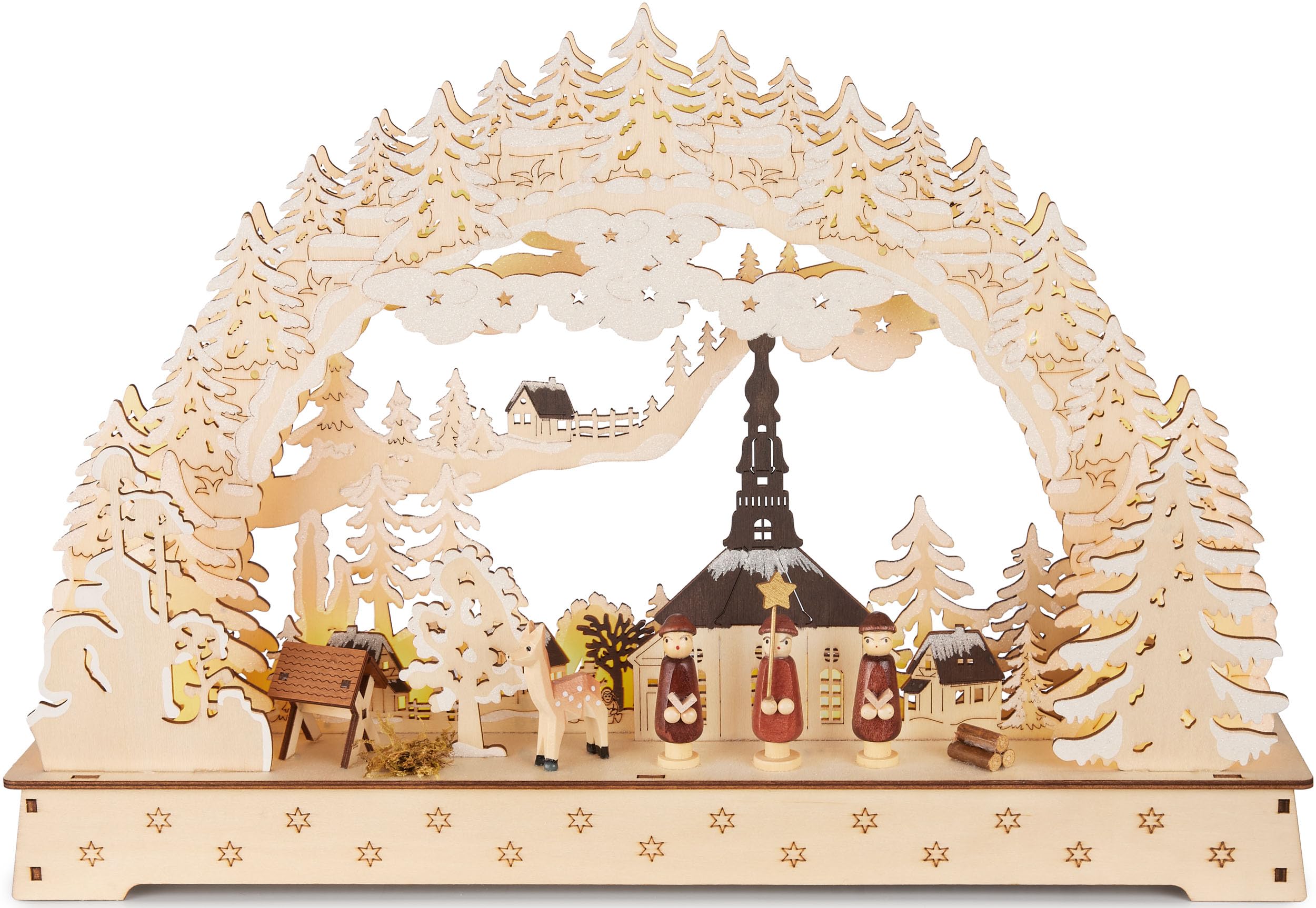 BRUBAKER 3D Lichterbogen - LED Schwibbogen - Sternsinger - LED-Beleuchtung mit Batterie und Kabel - Holz Natur - 27 x 40 x 7,5 cm - Handbemalte Figuren - Weihnachtsdeko für Tisch und Fenster