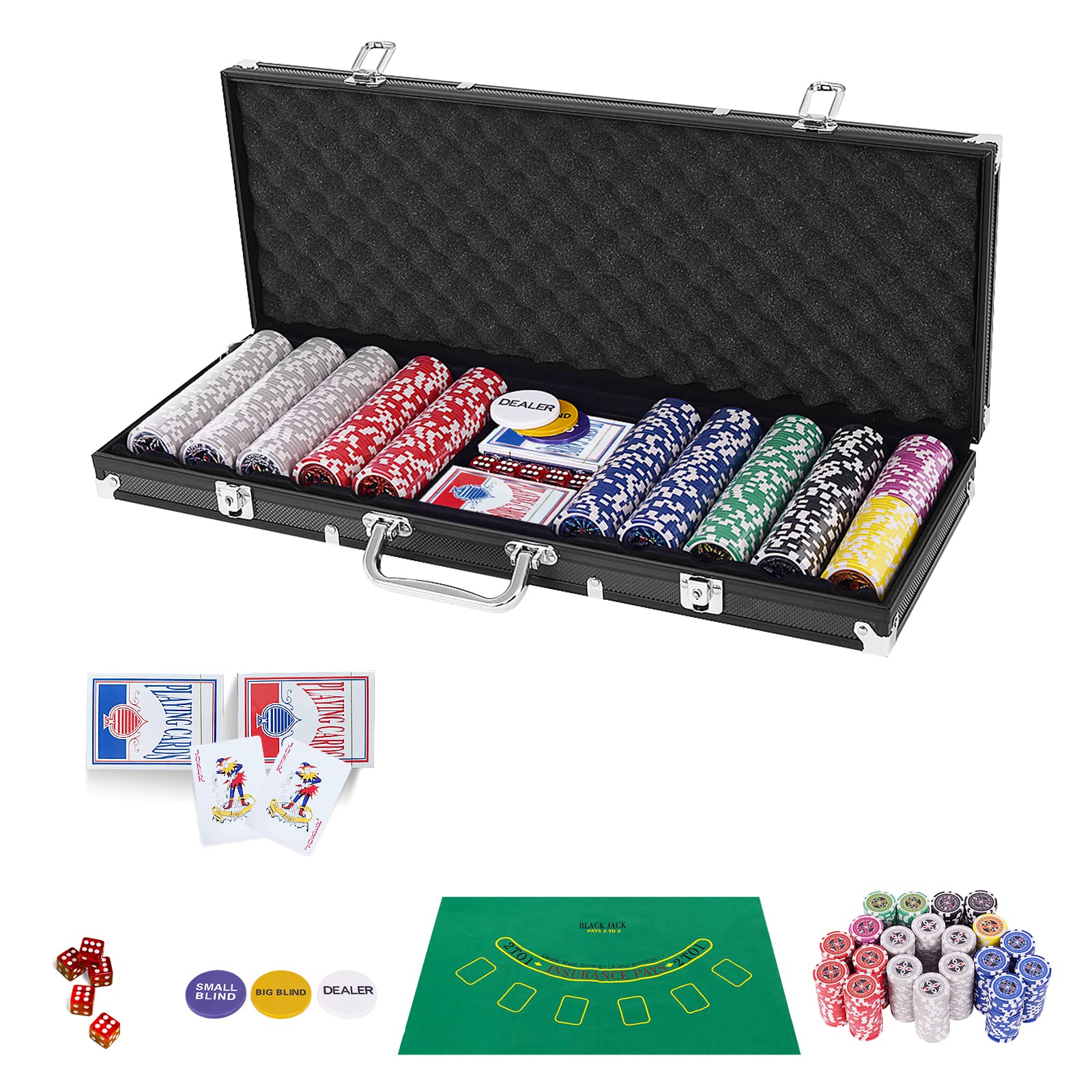 RELAX4LIFE Mallette de Poker avec 500 Jetons, 5 Dés, 3 Boutons, 2 Jeux de Cartes et 1 Tapis, Coffret de Poker en Alu Verrouillable pour Maison et Casino, Noir/Argent (Noir)