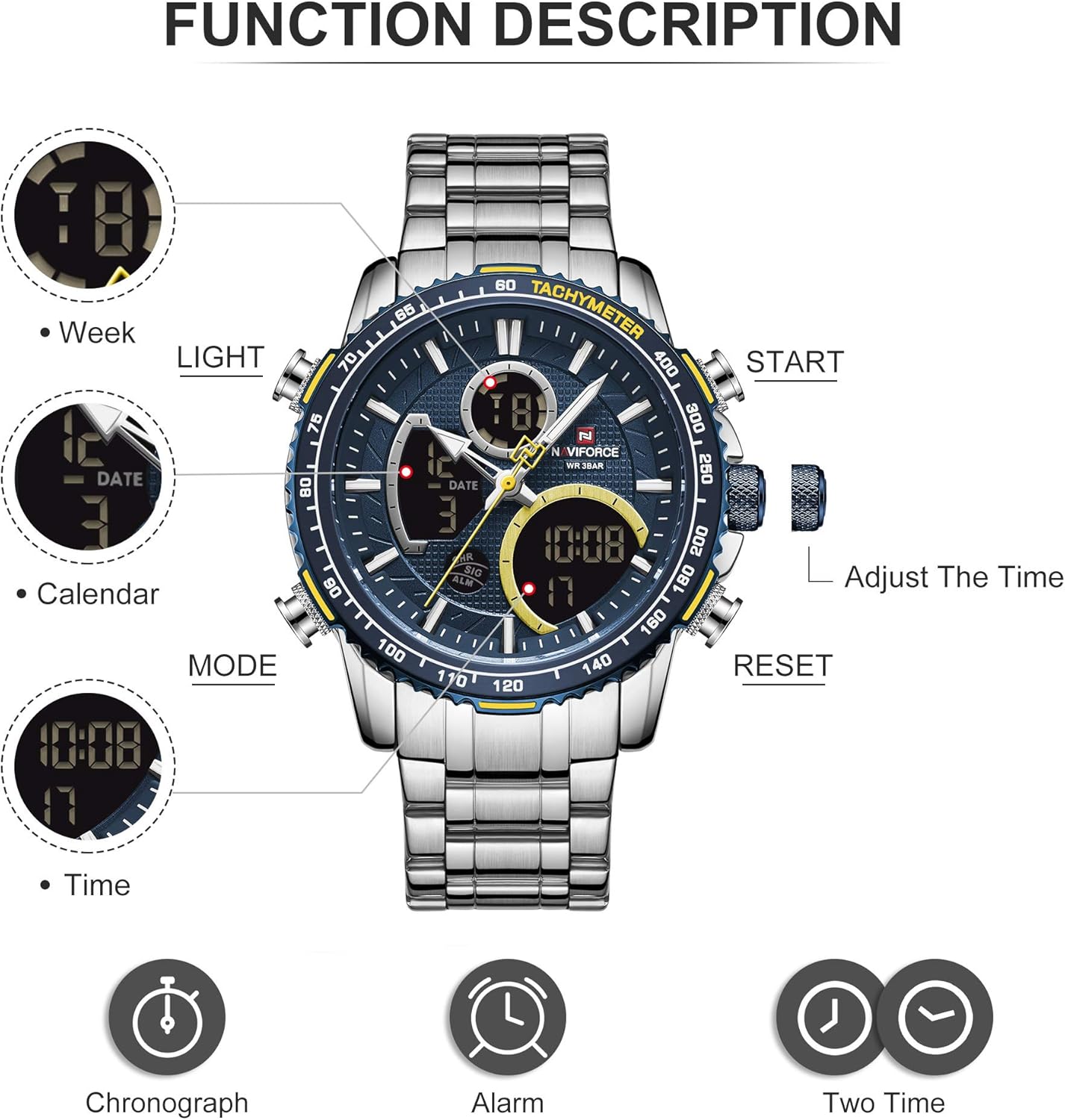 NAVIFORCE Digital Watch Men Luxury Stainless Steel Analog Quartz Waterproof Watches Fashion Business Chronograph Military Multifunctional Wristwatch Silver + Blue
