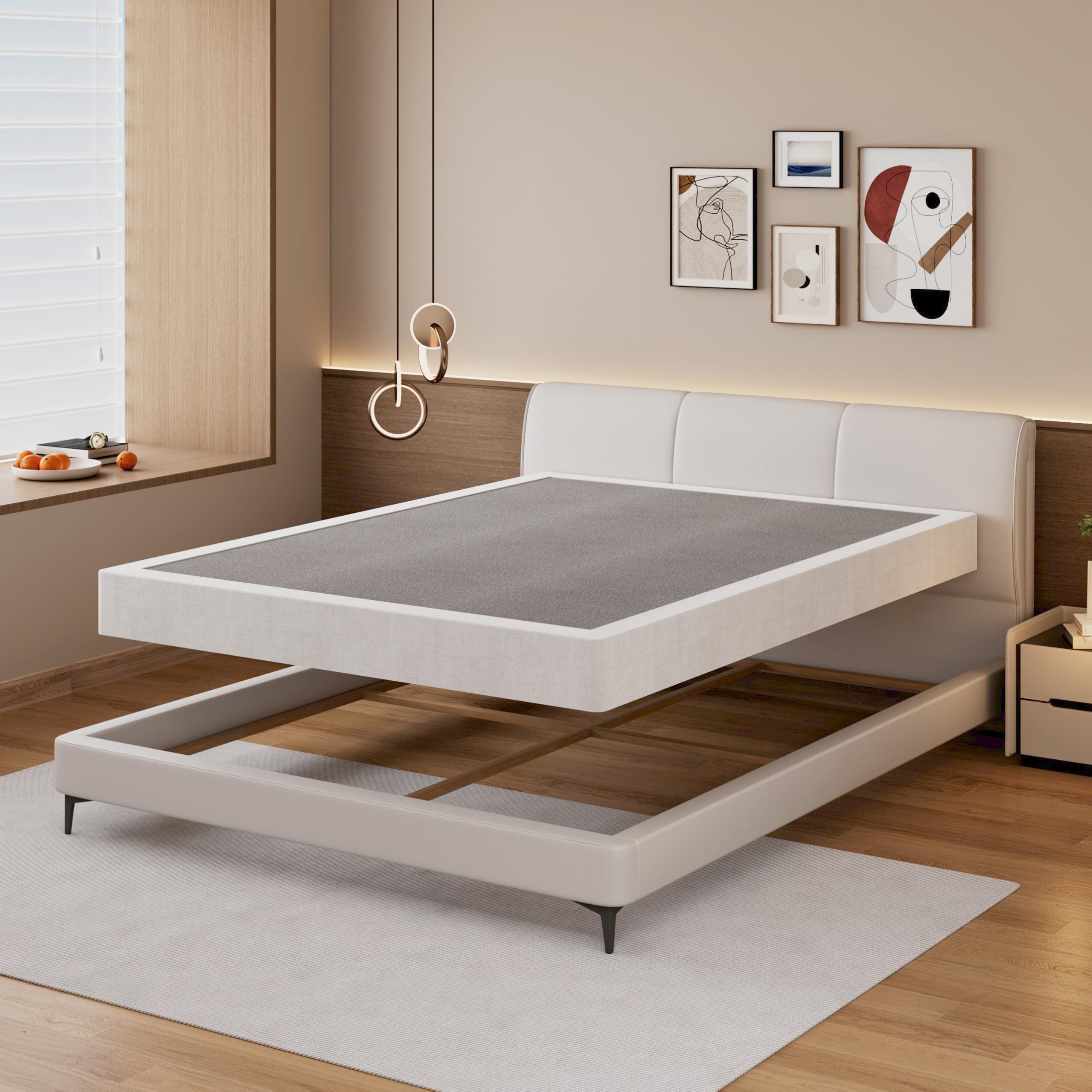 SHLAND Boxspringbett, 15,2 cm, niedriges Profil, volle Größe, Boxspringbett, Metallrahmen, Matratzenfundament mit Stoffbezug, einfache Montage