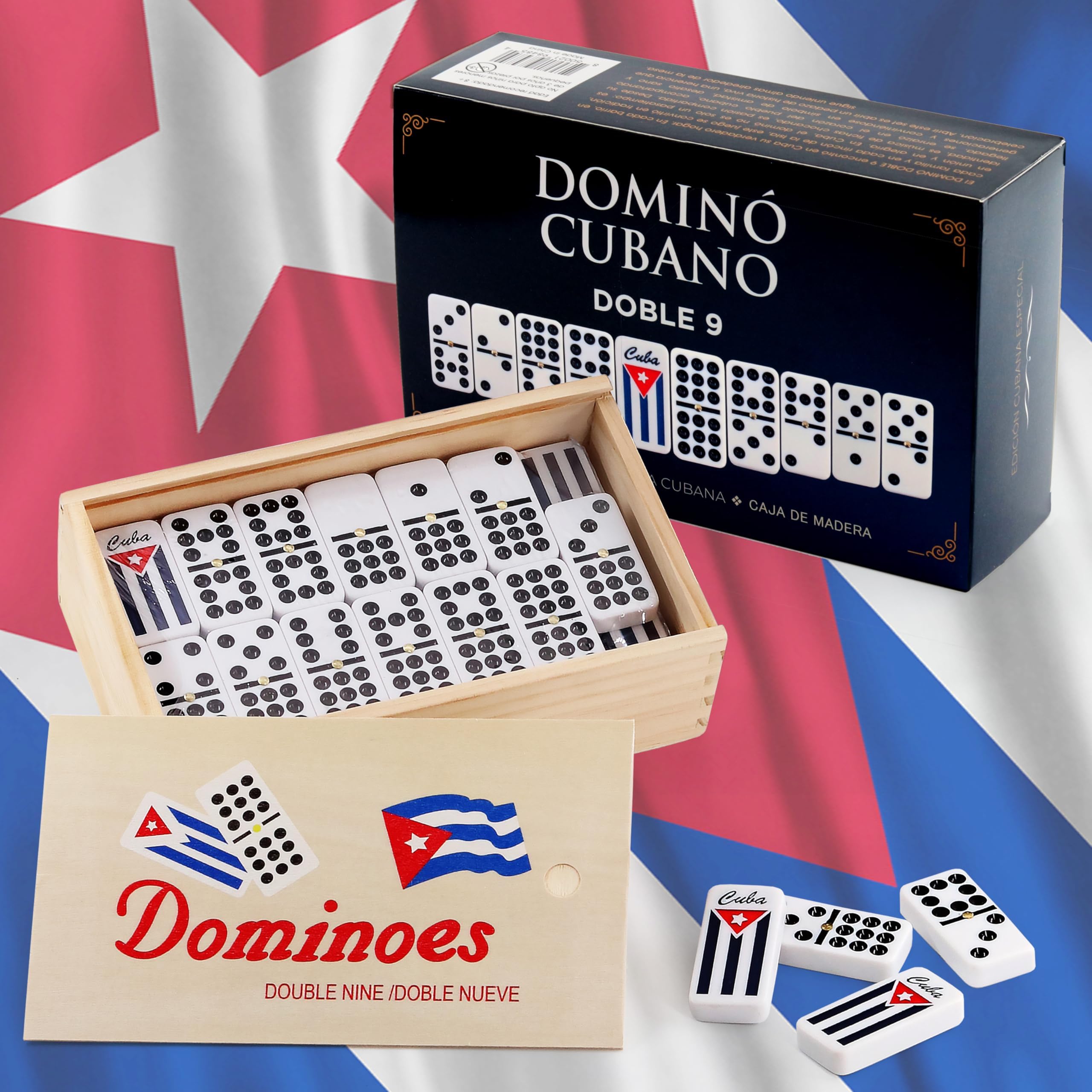 Domino Cubano Doble Nueve Cuban Dominoes Double Nine with Cuban Flag on Chips