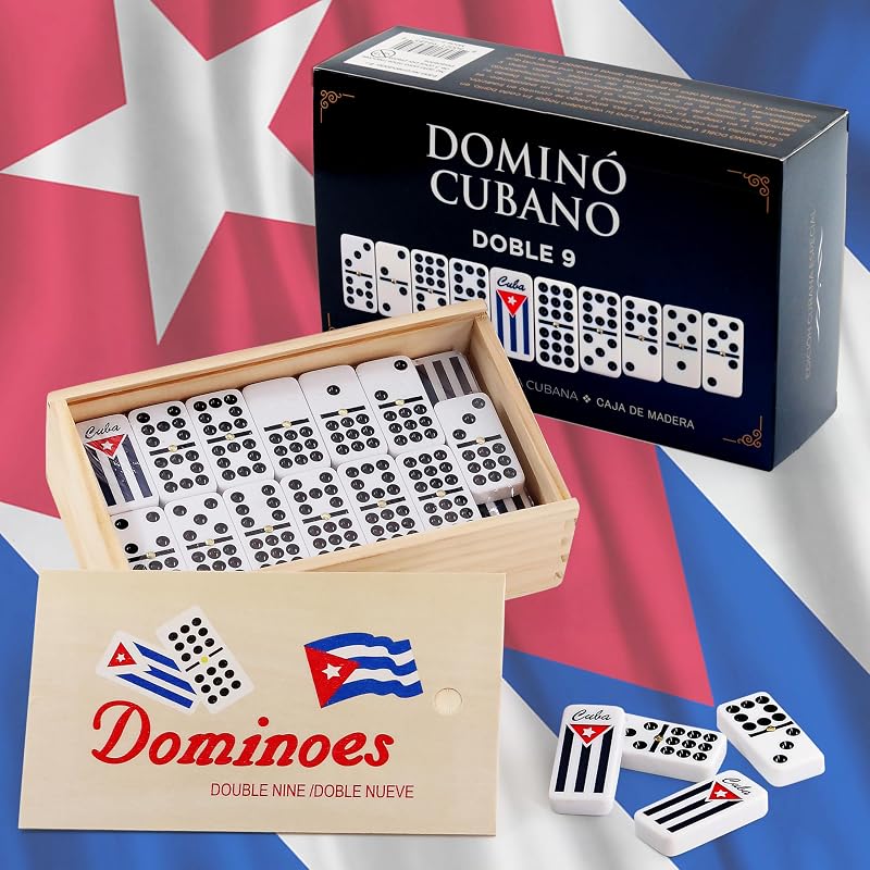 Domino Cubano Doble Nueve Cuban Dominoes Double Nine with Cuban Flag on Chips
