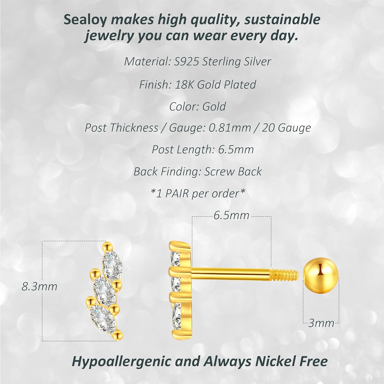 925 Sterling Silver Gold Screw Back Stud Earrings for Women/Girls, Helix Cartilage Tragus Earlobe Conch Piercing Jewelry,20 Gauge,Trio/Bar/Pearl/Butterfly/Leaf/North Star/Flower/Clover/Heart - Image 2