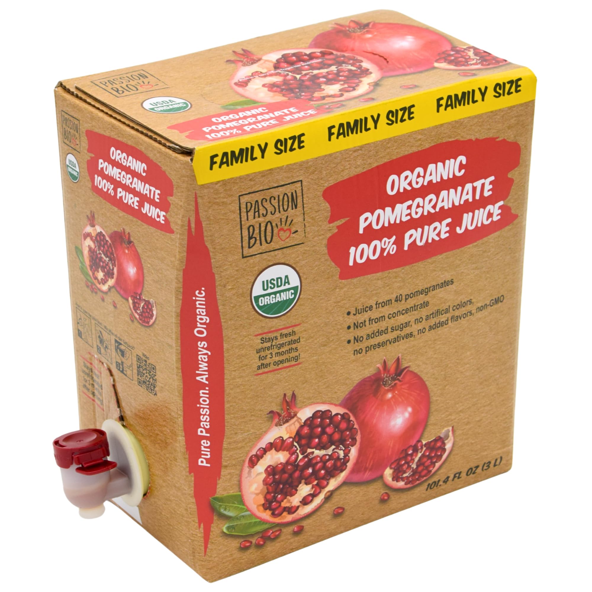 Organic Pomegranate Juice Box 101.4 Fl Oz | Pure Fruit Juice, Not From Concentrate | Organic, Vegan, Non-GMO | No Added Sugar, Easy-Pour Tap Packaging