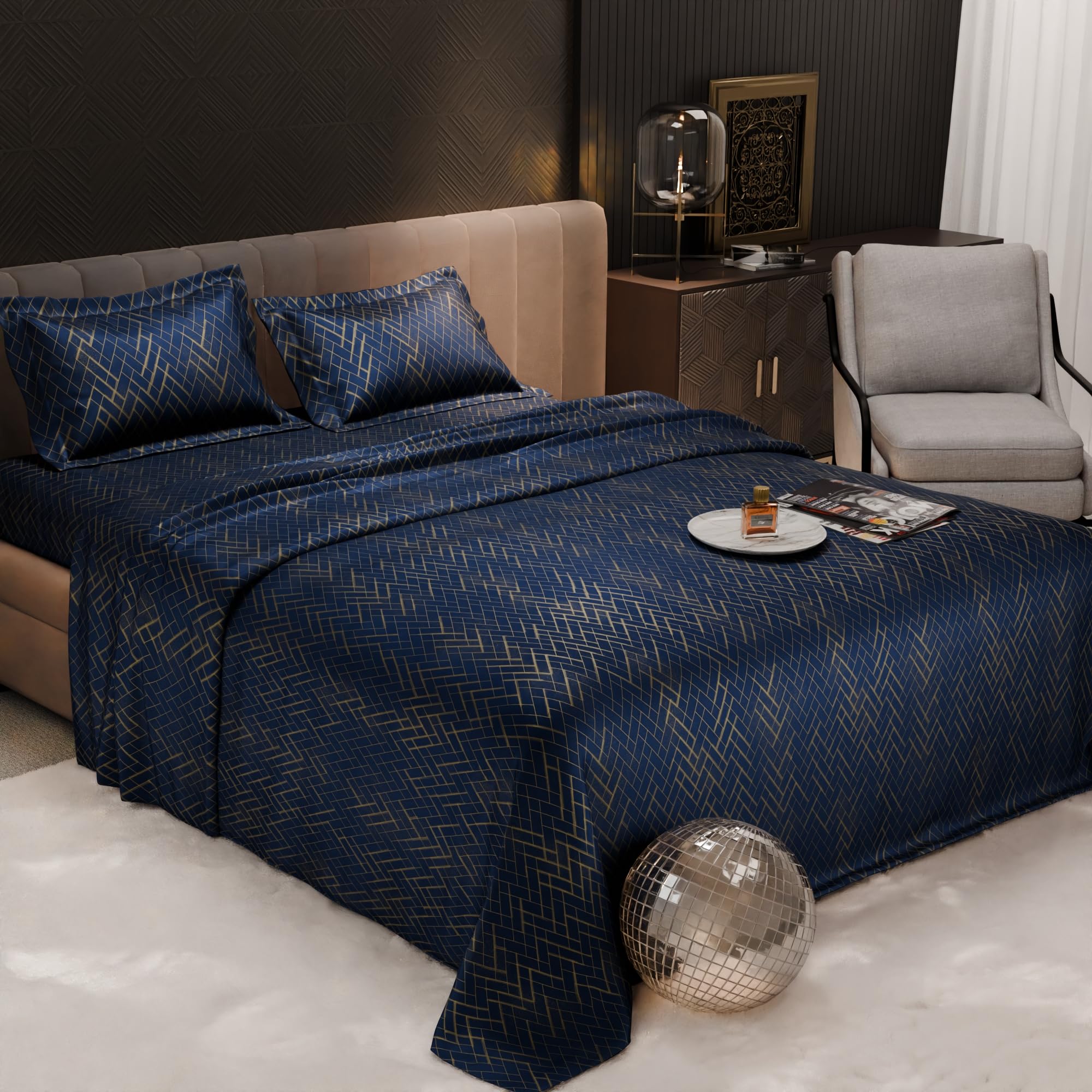 Stoa Paris 300TC UltraSatin Printed Double Bedsheet with 2 Pillow Covers, Gentle on Skin & Hair, Wrinkle & Fade Resistant, Aesthetic Home Decor, Gift for Couple, Starlit Night - Navy (228cm x 254cm)