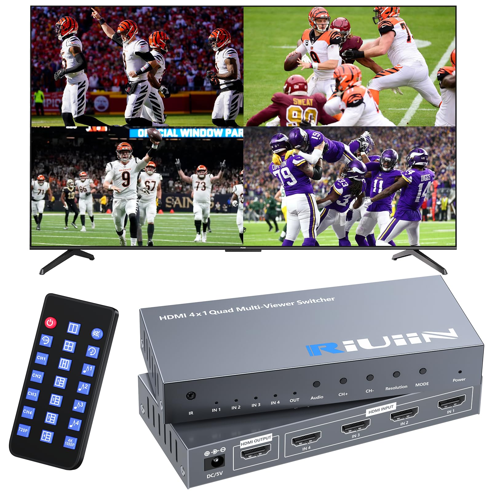 HDMI Multiviewer Switch 4x1 - Quad Multi-Viewer Seamless Switcher 4 in 1 Out, 8 Viewing Modes, 1080p Input, Compatible with PS4, Xbox