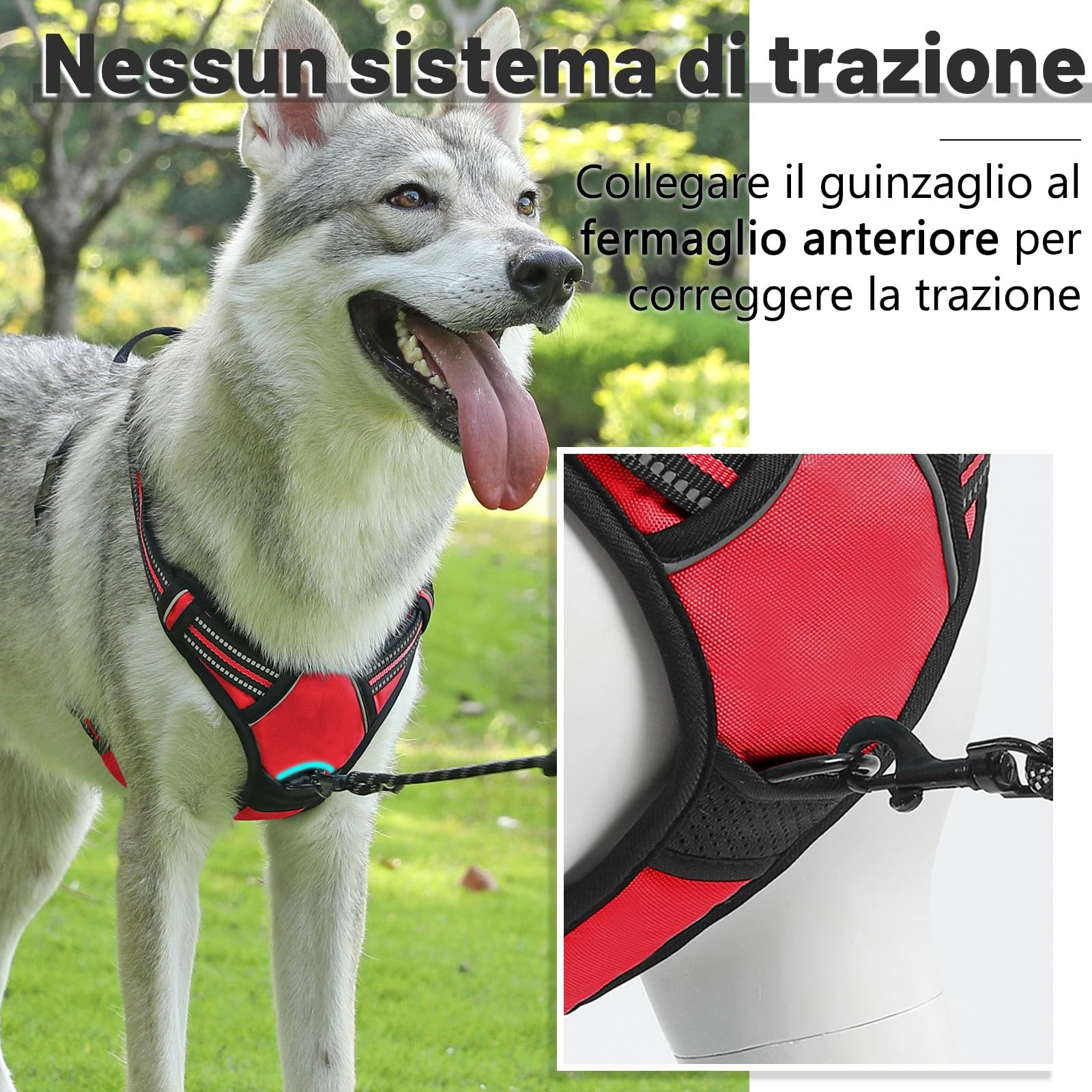 COMSLE Pettorina Cane Taglia Grande Media Piccola, Pettorina per Cani Anti Tiro Riflettente, Imbracatura Regolabile Cani con 2 Ganci in Metallo per Addestramento Corsa (Rosso, S)