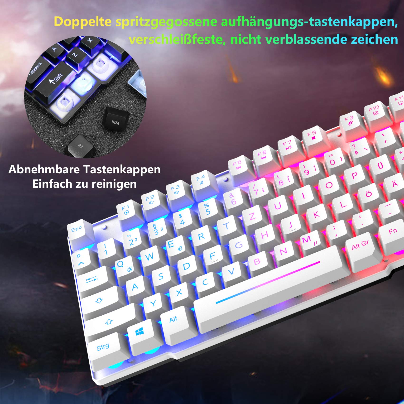 Teclado y Ratón con Adaptador para Juegos, Teclado Diseño Alemán QWERTZ 104 Teclas Retroiluminación del Arco Iris, 2400 dpi Mouse, Alfombrilla de Ratón, Compatible con PS4 Xbox Switch, Blanco