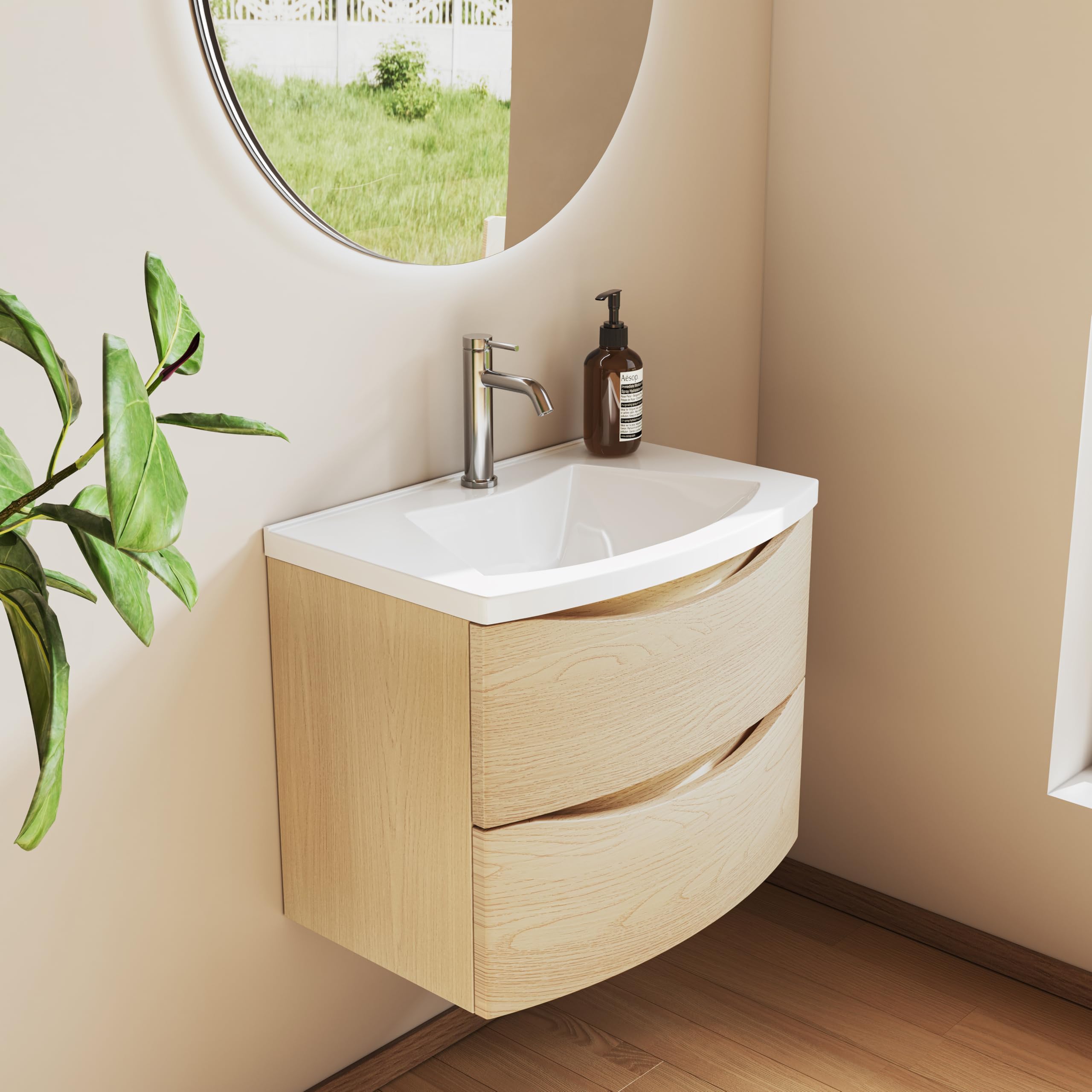 Meuble De Salle De Bain 60 cm avec Vasque en Fonte Minérale – 2 Tiroirs À Fermeture Amortie, Gain De Place, Idéal pour WC Invités, Golden Sand