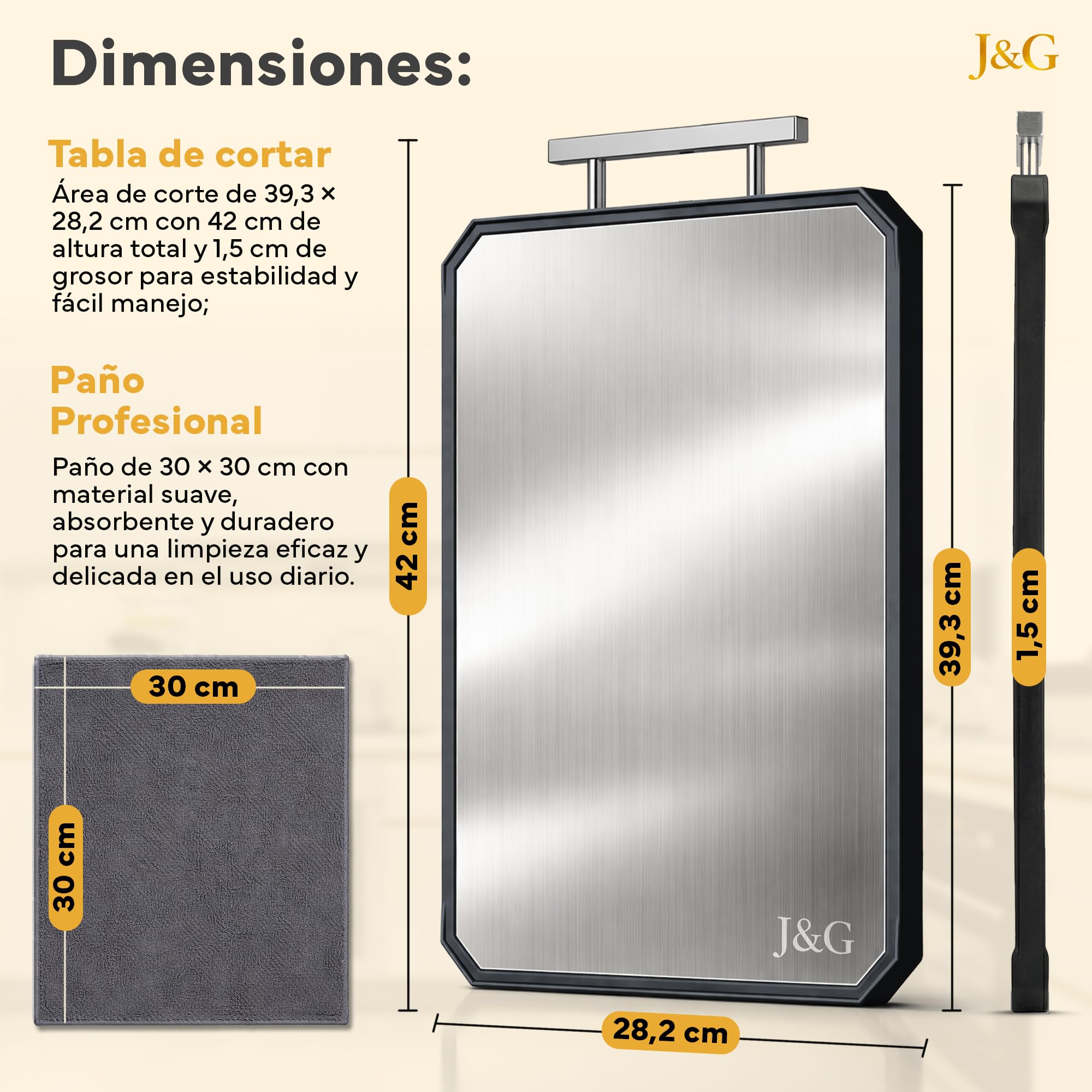 J&G Tabla de Cortar de Titanio 100% Puro y Fibra de Trigo, Doble Cara, Antibacteriana Profesional, Set con Guía de Corte y Bayeta Microfibra, Libre de BPA, Certificación LFGB y SGS (39,3 x 28,2 cm)