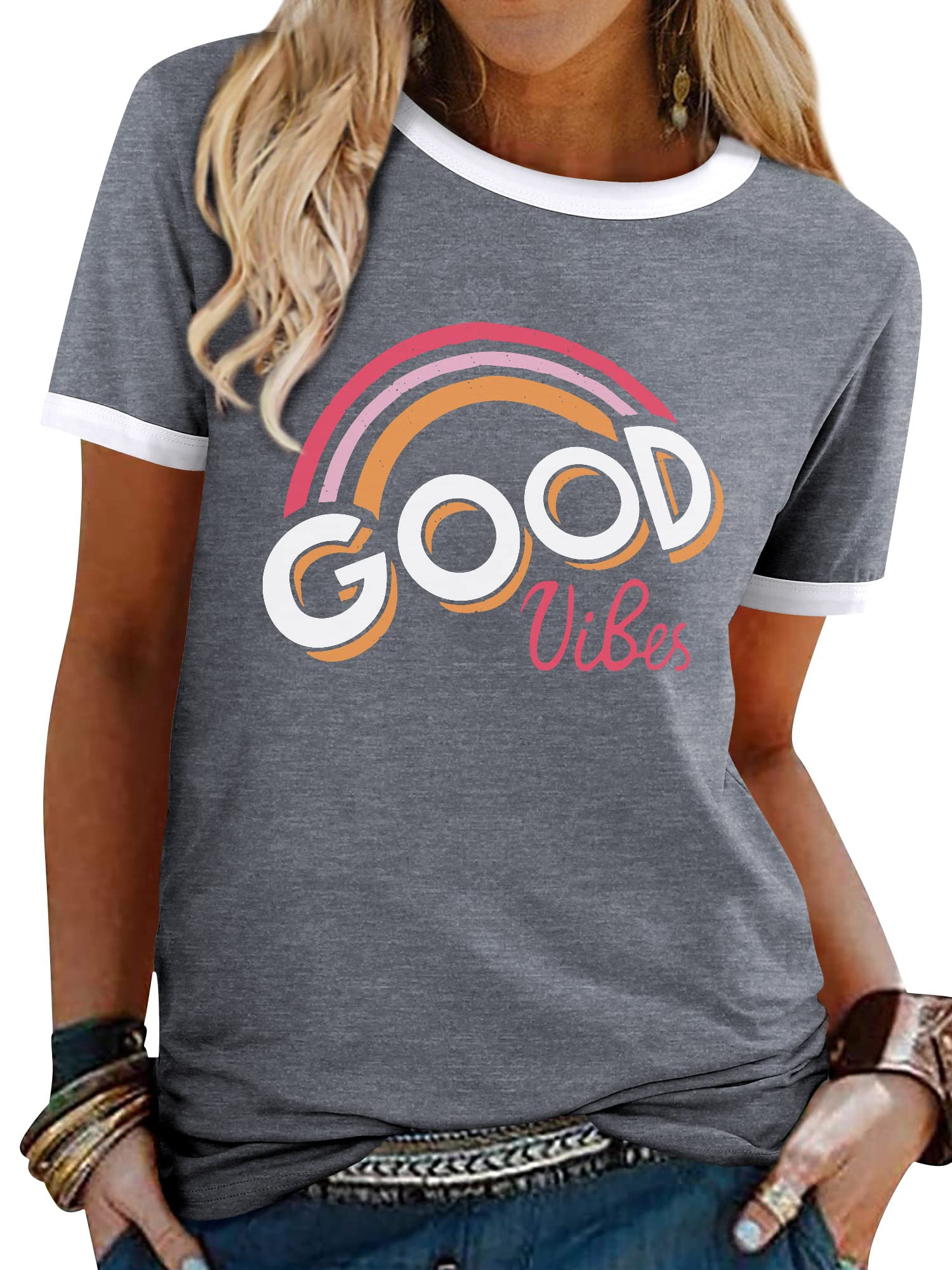 WIEIYM Tshirt Damen Rundhals Kurzarm T-Shirts Sommer T Shirts Good Vibes Regenbogen Brief Gedruckt Lässig Tee Shirts Oberteile Tops S-XXL